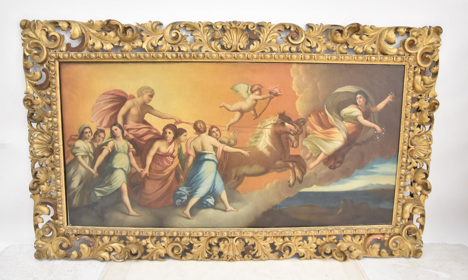 EGISTO MANZUOLI , LARGE 19thC OIL ON CANVAS: EGISTO MANZUOLI (ITALIAN, 19thC) AFTER GUIDO RENI "THE AURORA" LARGE MYTHOLOGICAL OIL ON CANVAS OF "THE AURORA" , AFTER ORIGINAL GUIDO RENI BAROQUE MASTERPIECE PAINTED IN 1614 AT for the Casino, or ga