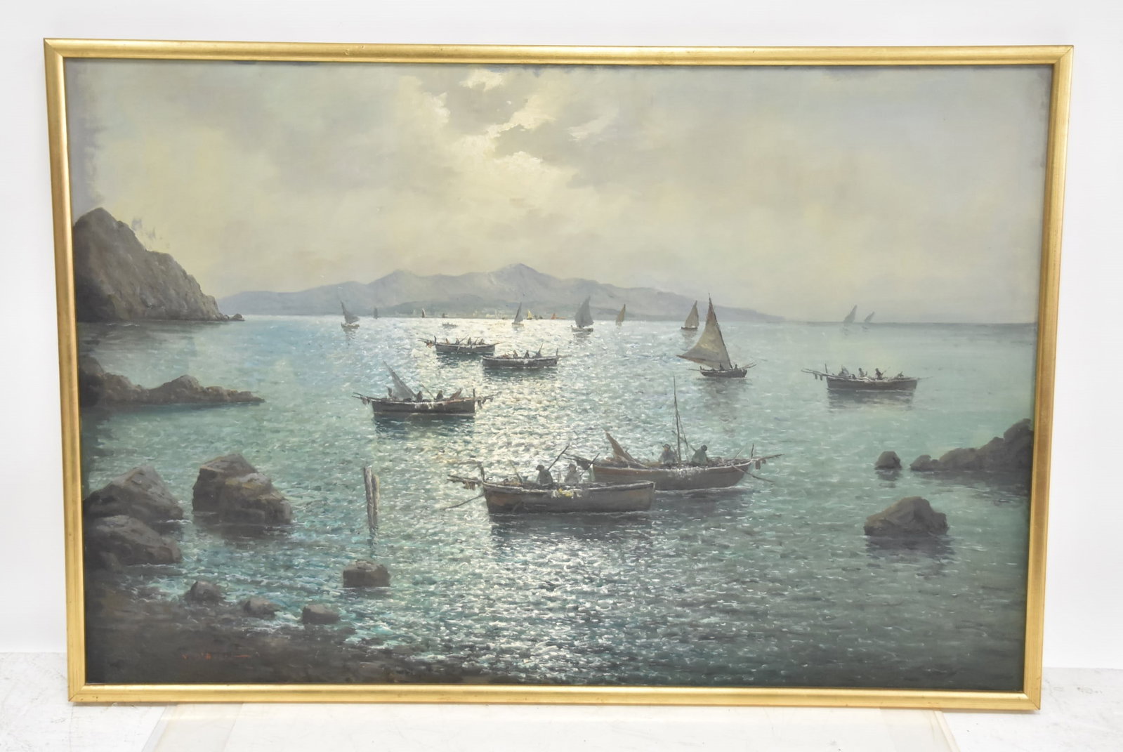 VINCENZO D'AURIA , OIL ON CANVAS BOATS AT SEA: VINCENZO D'AURIA (Italy, 1872-1939) COASTAL HARBOR SCENE OIL ON CANVAS LUMINESCENT FISHING BOATS & SAILBOATS AT SEA , SIGNED V. D'AURIA , LOWER LEFT - 58 1/2" x 39" ; 61" x 41 1/2"