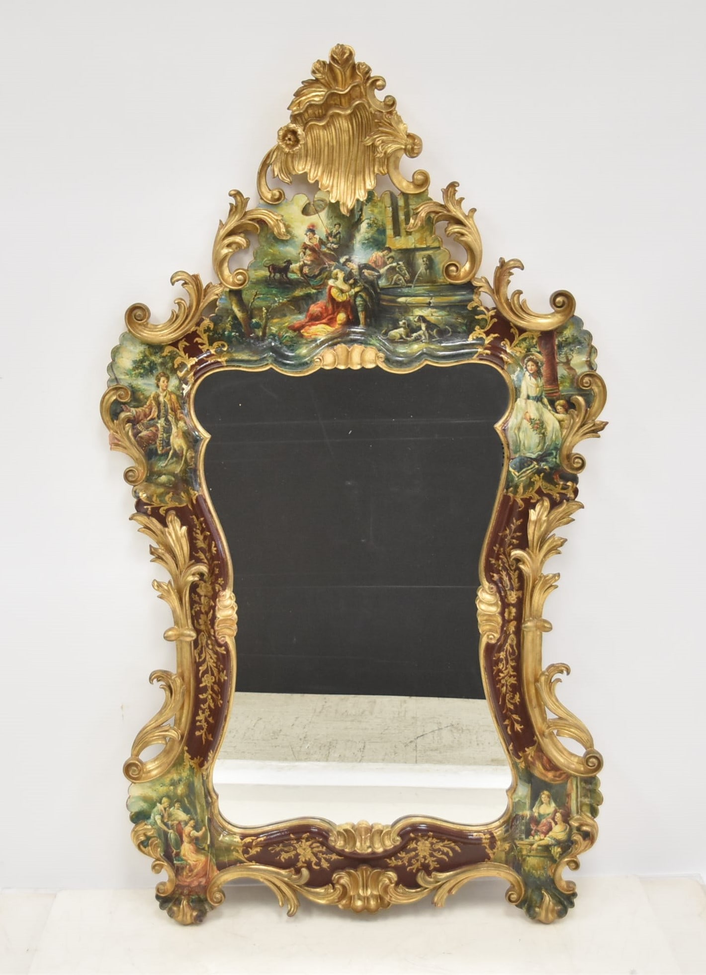 VERNIS MARTIN STYLE PAINT DECORATED MIRROR: FRENCH VERNIS MARTIN STYLE PAINT DECORATED MIRROR WITH ROMANTIC SCENES , ANIMALS & SHELL CARTOUCHE - 31" x 53"