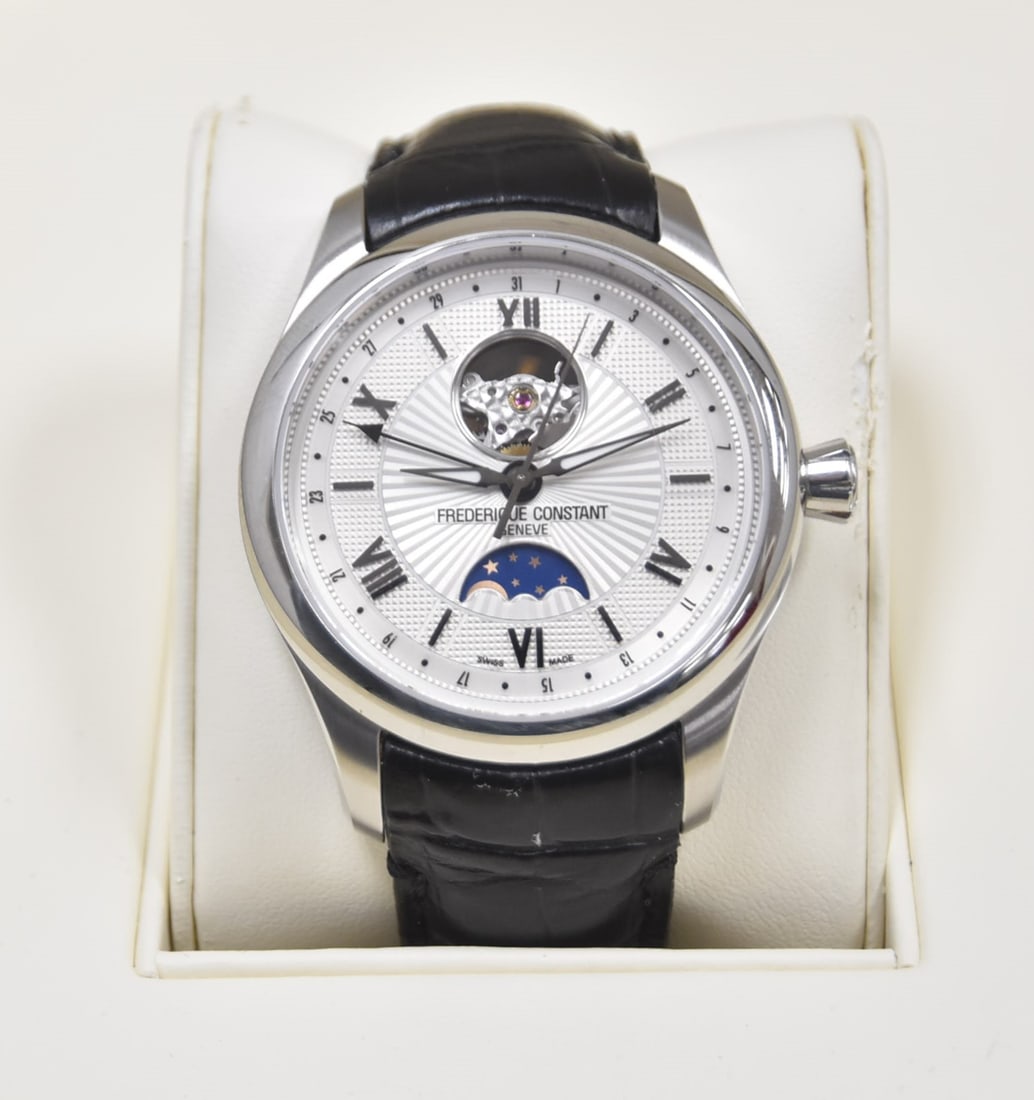 FREDERIQUE CONSTANT HEART BEAT MOONPHASE WATCH: FREDERIQUE CONSTANT MAXIM MOONPHASE OPEN HEART BEAT AUTOMATIC MENS WATCH ; 5ATM ; 40mm ; 26; JEWEL MOVEMENT ; # 1698368 ; WITH ORIGINAL BLACK LEATHER CROCO CALF 22mm BAND ; IN LIKE NEW CONDITION WITH 