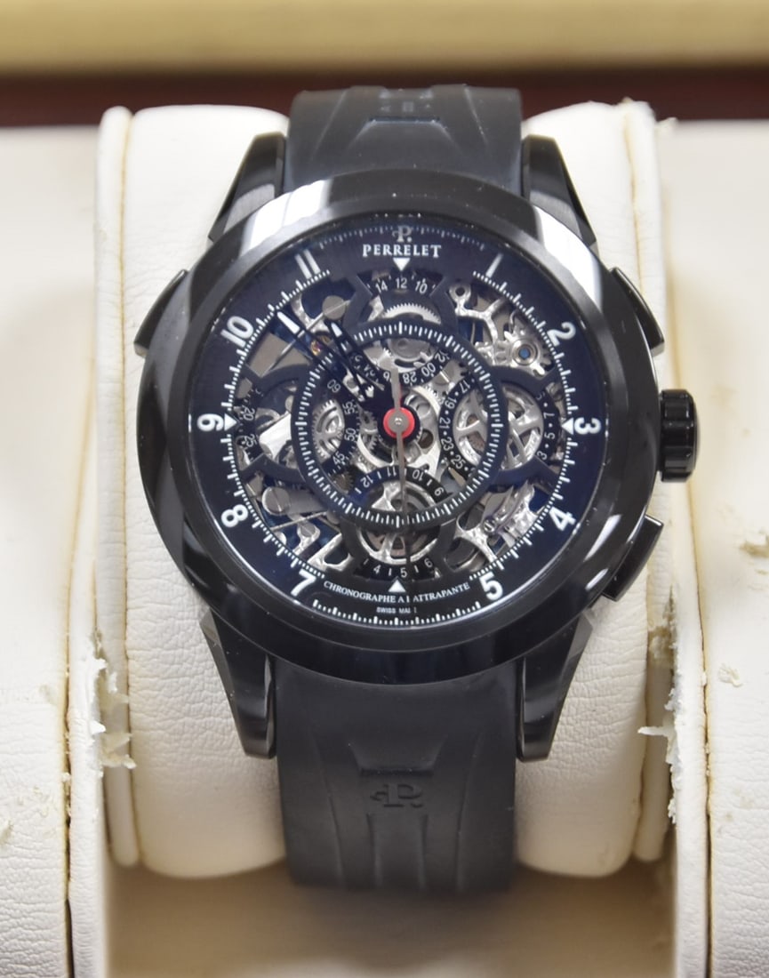 PERRELET SKELETON CHRONOGRAPH WATCH: PERRELET SPLIT SECOND CHRONOGRAPH SKELETON DIAL AUTOMATIC MENS WATCH ; MODEL A 1045 / A00020 ; SKELETON CHRONO RATTRAPANTE 1827 ; BLACK ION PLATED STAINLESS CASE 43.5mm ; PERRELET CALIBRE P-241 MENS A