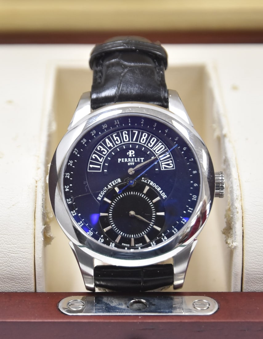PERRELET REGULATOR RETROGRADE WATCH: PERRELET REGULATOR RETROGRADE AUTOMATIC WATCH , MODEL A 1041 / AO383 ; 43mm TITANIUM CASE WITH ORIGINAL BLACK CROCODILE BAND ; WITH ORIGINAL BOX & PAPERS