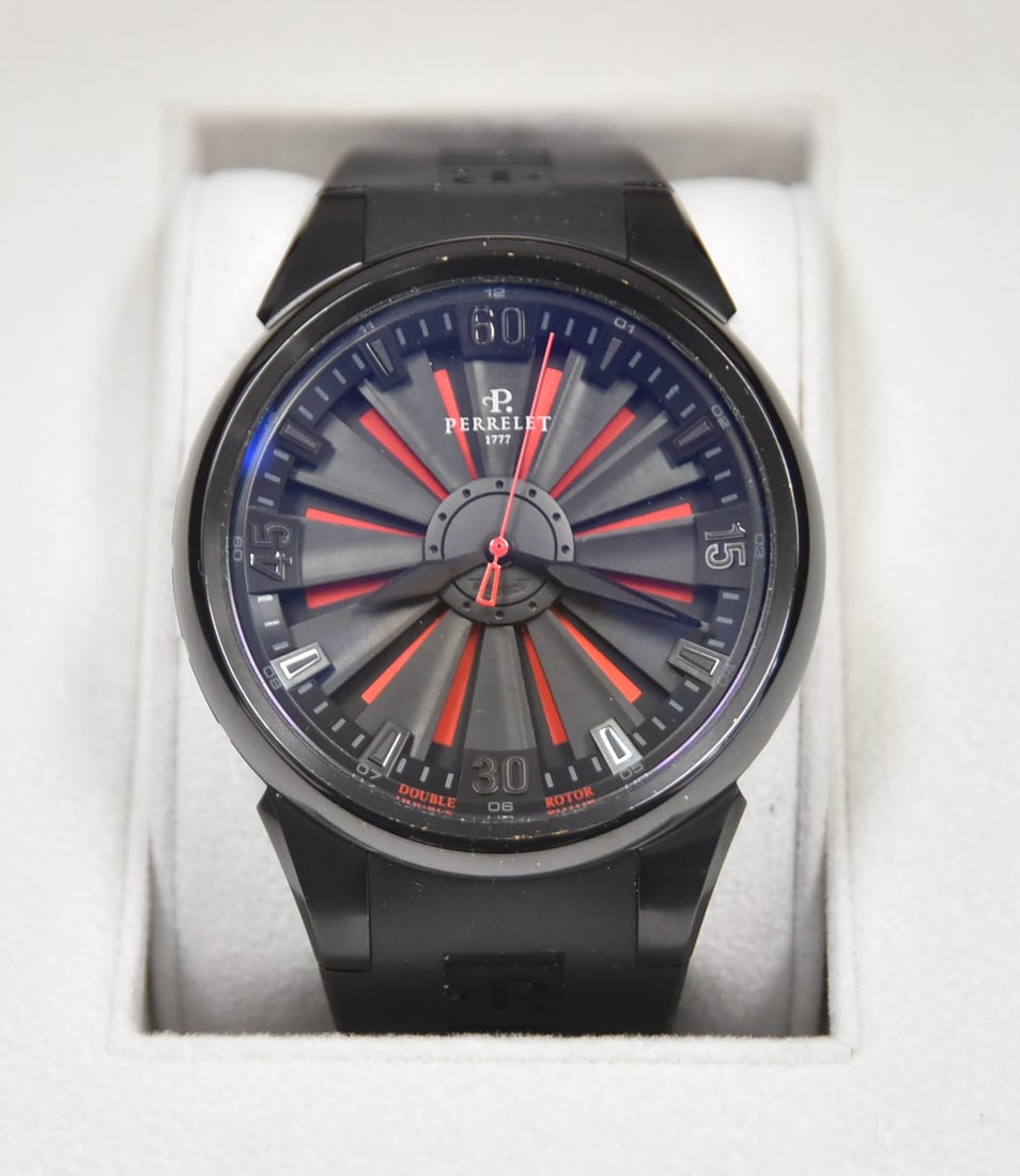 PERRELET DOUBLE ROTOR TURBINE WATCH: PERRELET DOUBLE ROTOR TURBINE WATCH ; MODEL A 1047 / A 00087; BLACK & RED DOUBLE ROTOR TURBINE DIAL WITH (12) TITANIUM BLADES ; SWISS AUTOMATIC PERRELET 1777 ; STAINLESS STEEL DLC DIAMOND LIKE CARBON