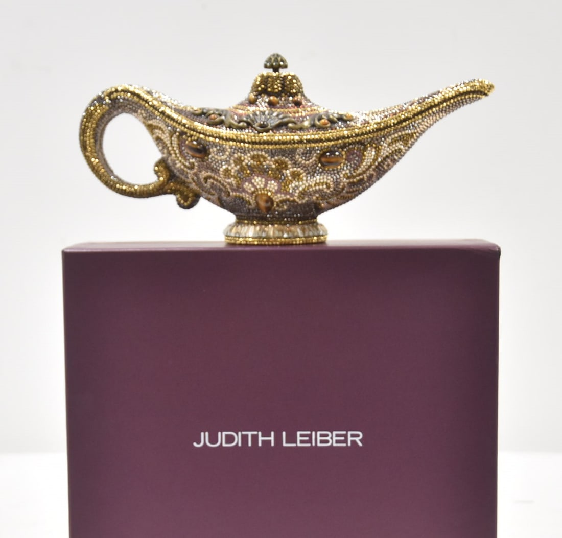 JUDITH LEIBER , GENIE LAMP MINAUDIERE BAG: BRONZE CRYSTAL FULL BEAD ALADDIN GENIE'S LAMP MINAUDIERE EVENING BAG WITH TIGER EYE CABACHONS BY JUDITH LEIBER , BRAND NEW NEVER USED , IN ORIGINAL BOX ; HAVING ORIGINAL GOLD TONE HARDWARE ; DUST BAG