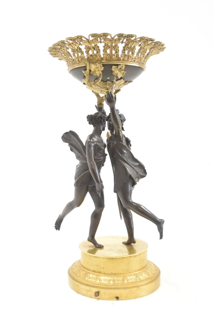2-TONE 19thC FRENCH EMPIRE TAZZA CENTERPIECE: 19thC FRENCH EMPIRE GILT & PATINATED BRONZE MAN & WOMAN HOLDING RETICULATED BASKET - 11 1/2" x 22"