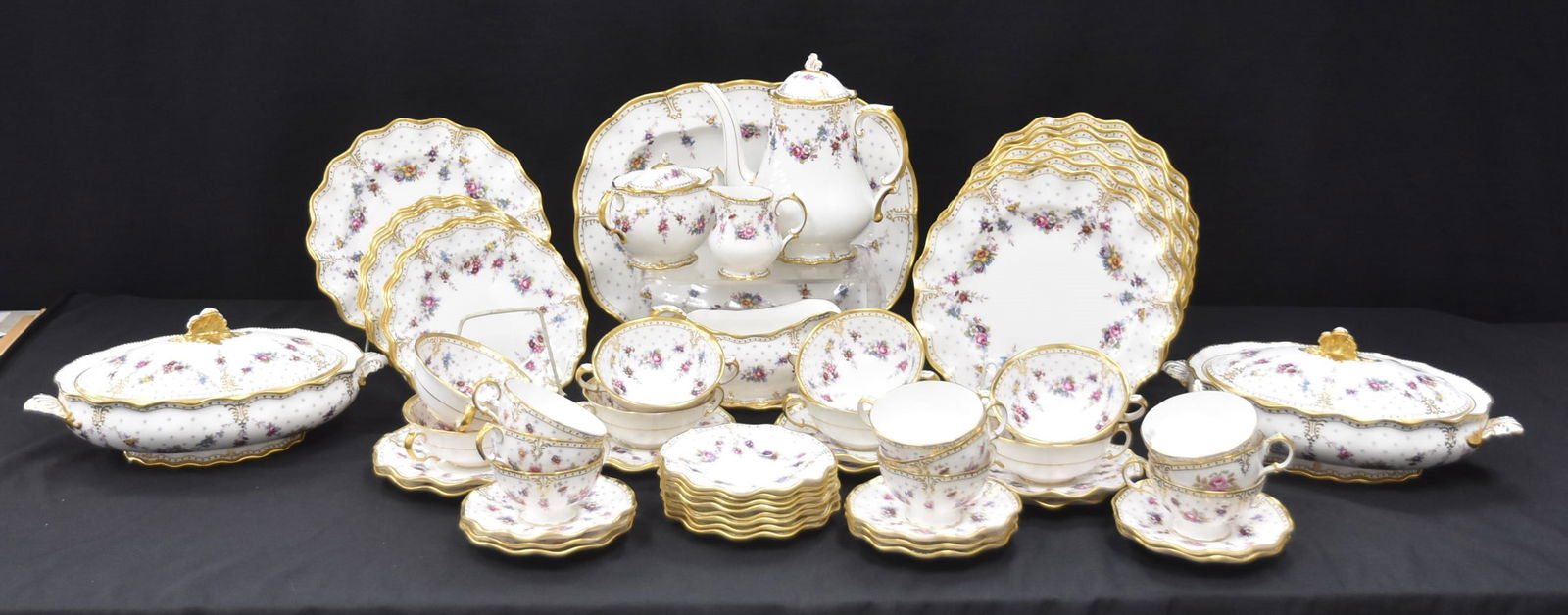 ROYAL CROWN DERBY "ROYAL ANTOINETTE" CHINA: ROYAL CROWN DERBY "ROYAL ANTOINETTE" WAVY ENGLISH FINE CHINA DINNER SET FOR (8) CONSISTING OF (10) DINNER PLATES (ONE CHIP) , (8) CAKE PLATES , (8) SALAD PLATES , (8) BOULLION CUPS & SAUCERS , (9) CUP