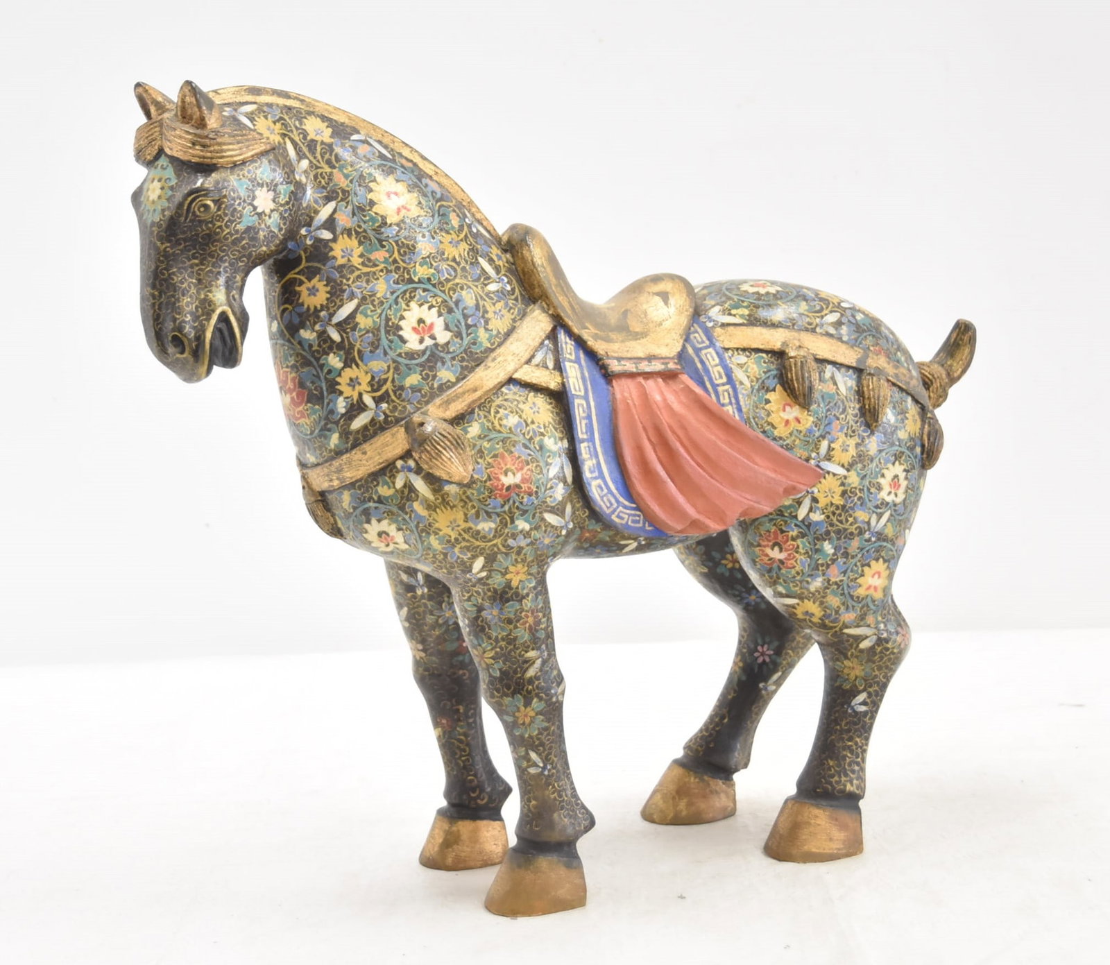 PAINTED WOOD TANG HORSE: CLOISONNE STYLE PAINT DECORATED WOODEN TANG HORSE ; WITH LABEL ON BOTTOM - 17" x 5" x 14"