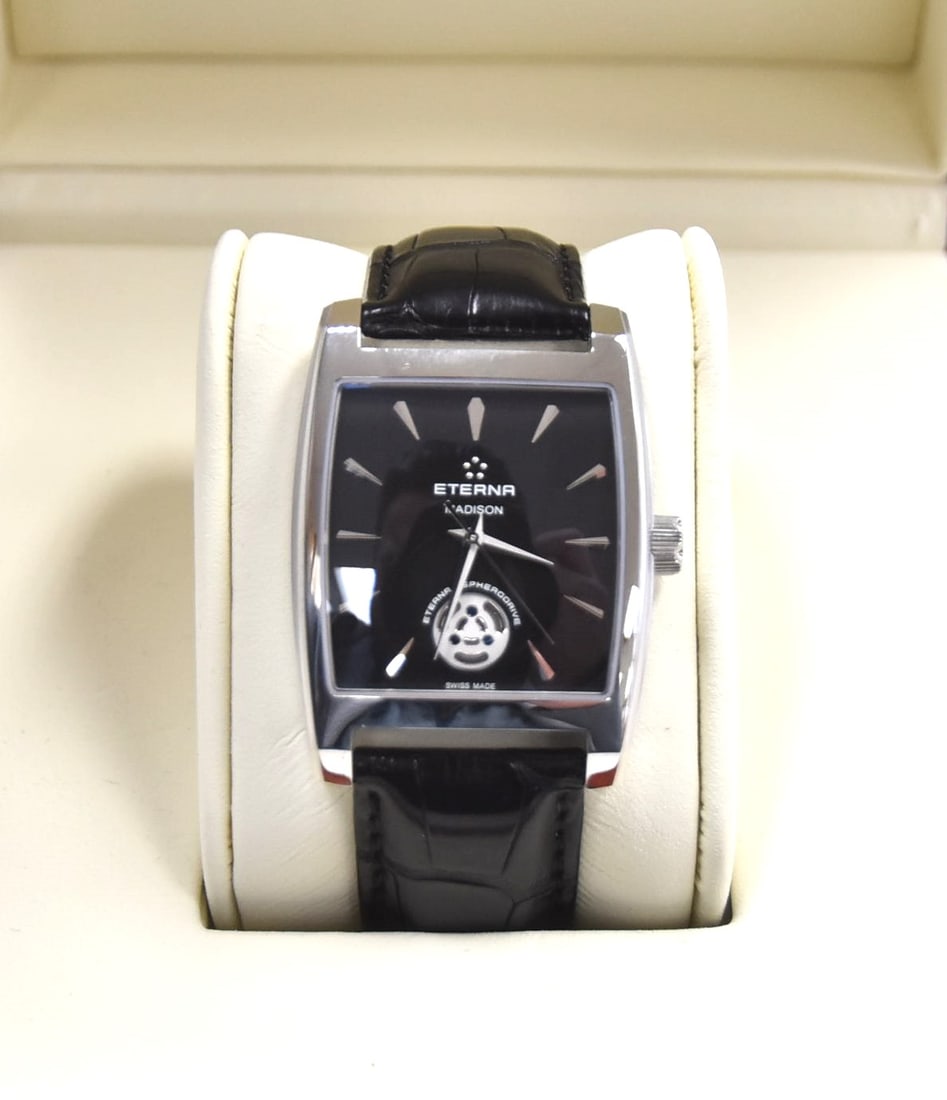 ETERNA MADISON AUTOMATIC WATCH: ETERNA MADISON SPHERODRIVE CALIBRE 3505 WATCH WITH 17 JEWEL 5 BALL BEARING MOVEMENT ; STAINLESS STEEL 37mm x 34.5mm TONNEAU CASE ; WITH BLACK LOUISIANA ALLIGATOR STRAP ; SCRATCH RESISTANT CRYSTAL ; MO