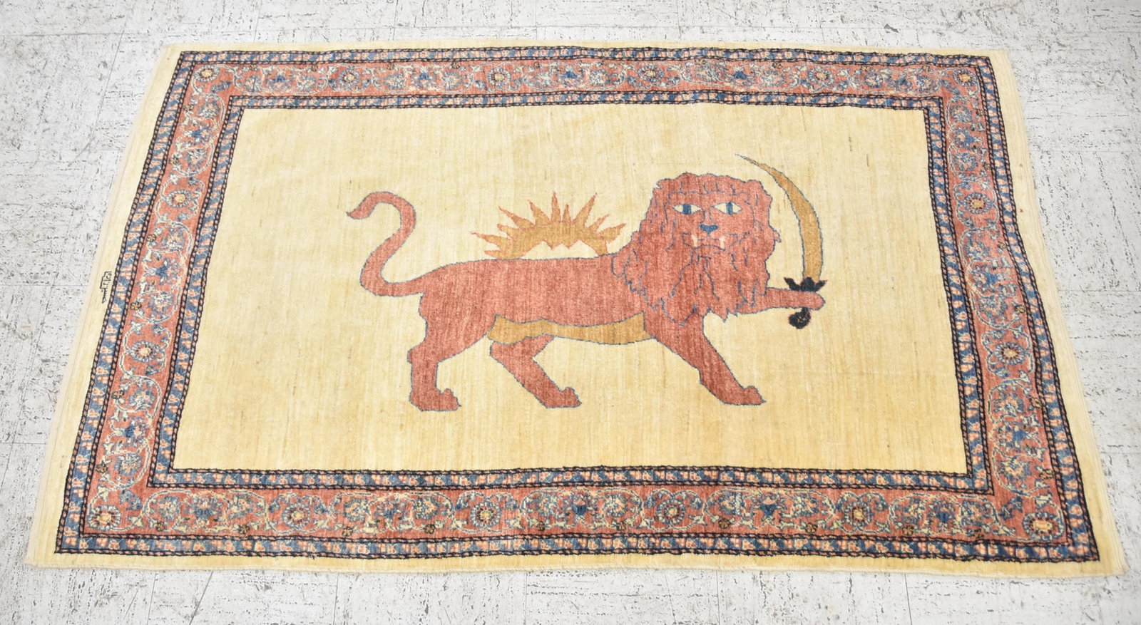 ANTIQUE PERSIAN LION RUG , SIGNED: ANTIQUE PERSIAN CARPET WITH LION HOLDING SWORD , ARTIST SIGNED - 3' 6" x 6'