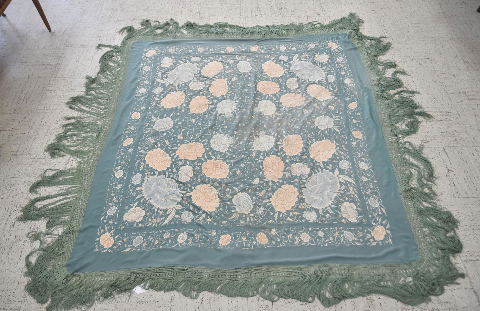 GREEN FLORAL PIANO SHAWL: GREEN PIANO SHAWL WITH FLOWER BLOSSUMS & LONG FRINGE - 62" x 60" WITHOUT FRINGE