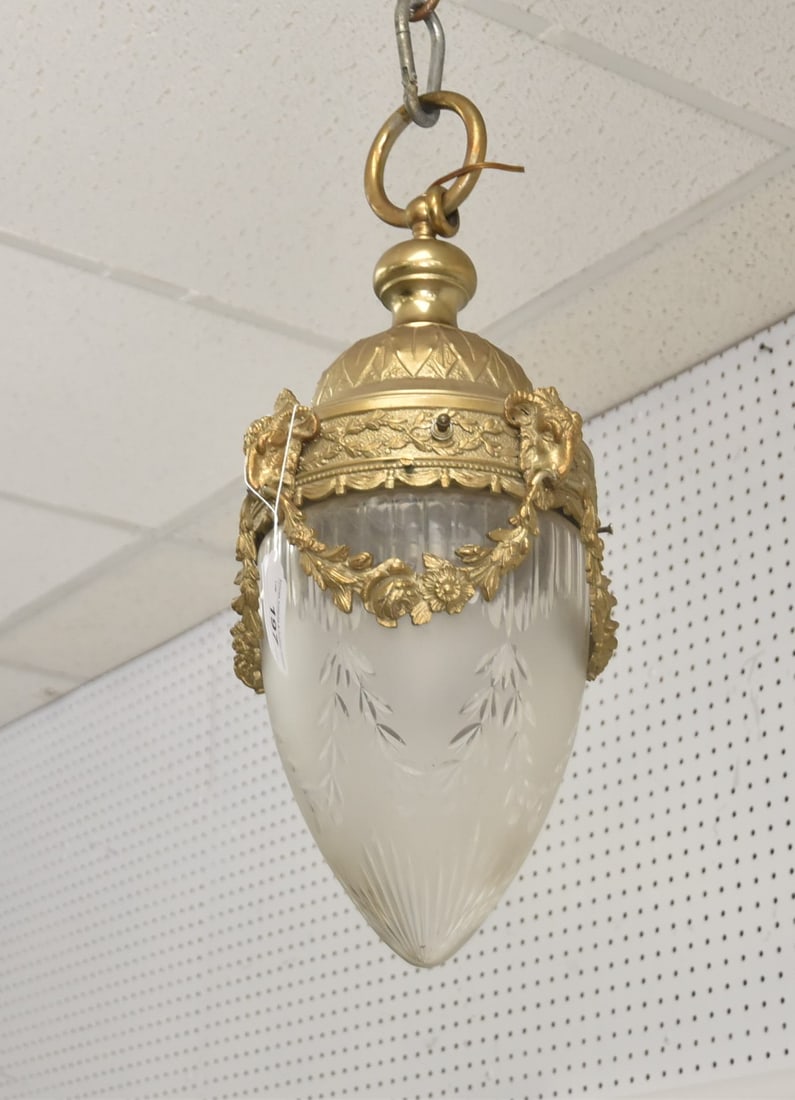 FRENCH BRONZE & ETCHED GLASS LANTERN PENDANT: FRENCH BRONZE PENDANT LANTERN WITH BRONZE FLORAL GARLANDS , RAM HEADS & MASKS HAVING ETCHED FROSTED GLASS SHADES - 11" x 23"