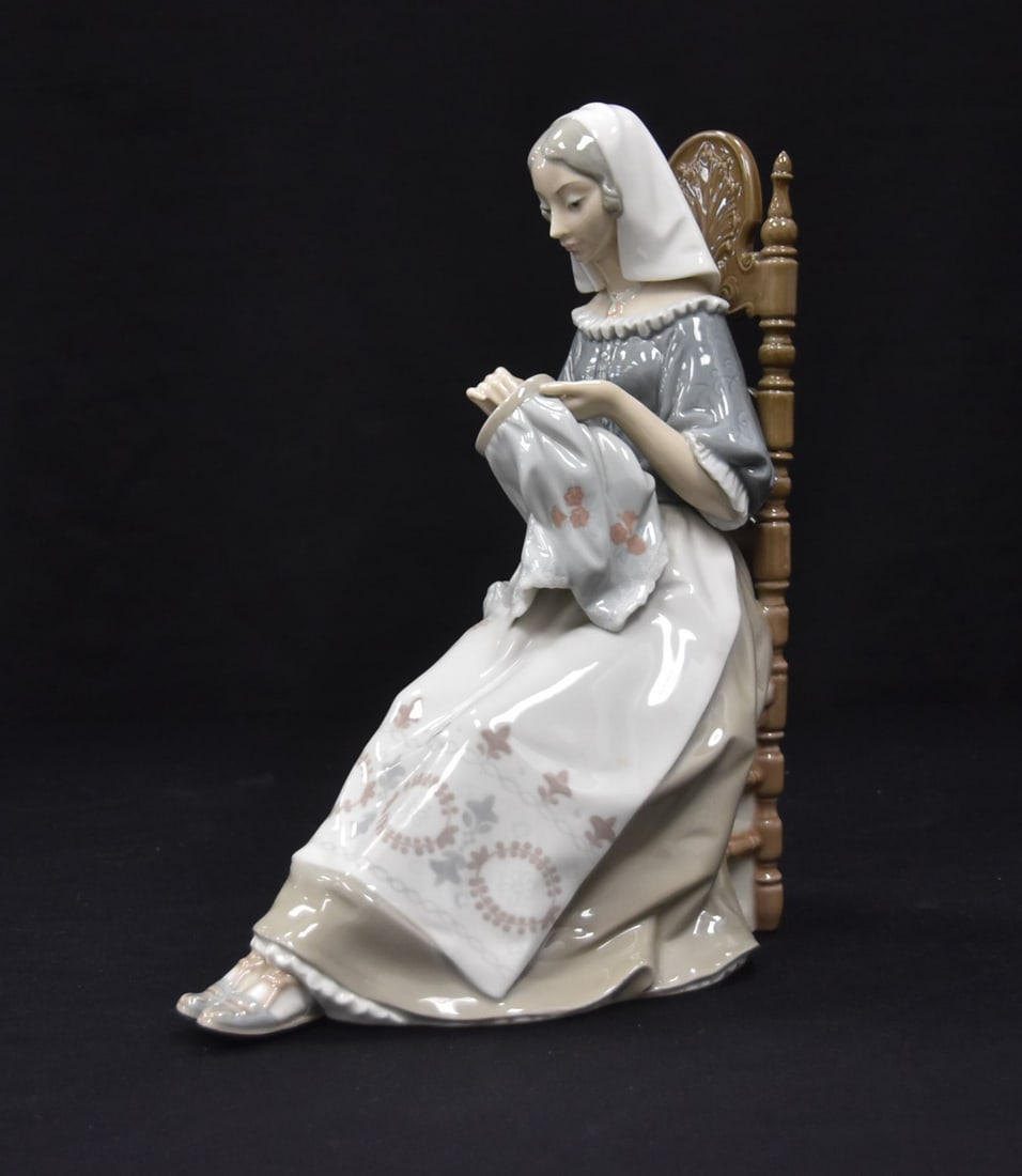 LLADRÓ EMBROIDERER , # 4865: LLADRO MODEL 4865 , "EMBROIDERER" , Spanish Name: Bordadoro Insular ,a/k/a Insular Embroideress, Sculptor: Salvador Furió, ISSUED 1974 , RETIRED 1994 - 6" x 9" x 11 1/2"