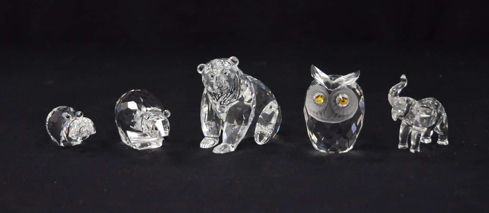 (5) SWAROVSKI CRYSTAL FIGURINES: (2) SWAROVSKI CRYSTAL BEARS / SWAROVSKI CRYSTAL OWL / SWAROVSKI ELEPHANT / SWAROVSKI CRYSTAL HIPPO - LARGEST IS 4" x 3"