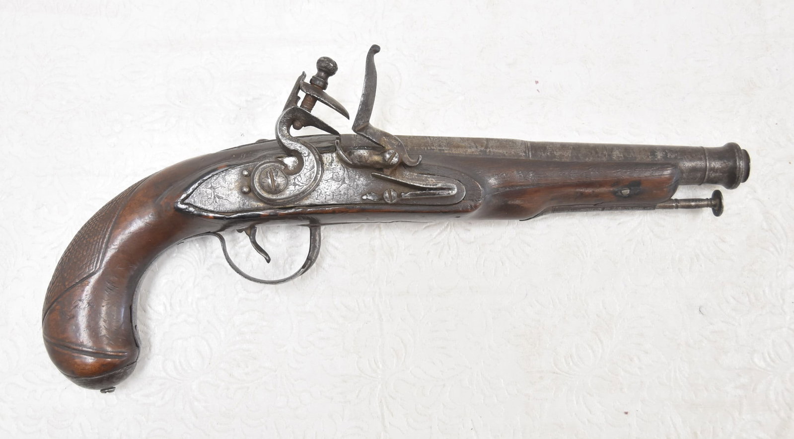19thC ANTIQUE FLINT LOCK PISTOL: ANTIQUE FLINT LOCK PISTOL - 5 1/2" x 13"