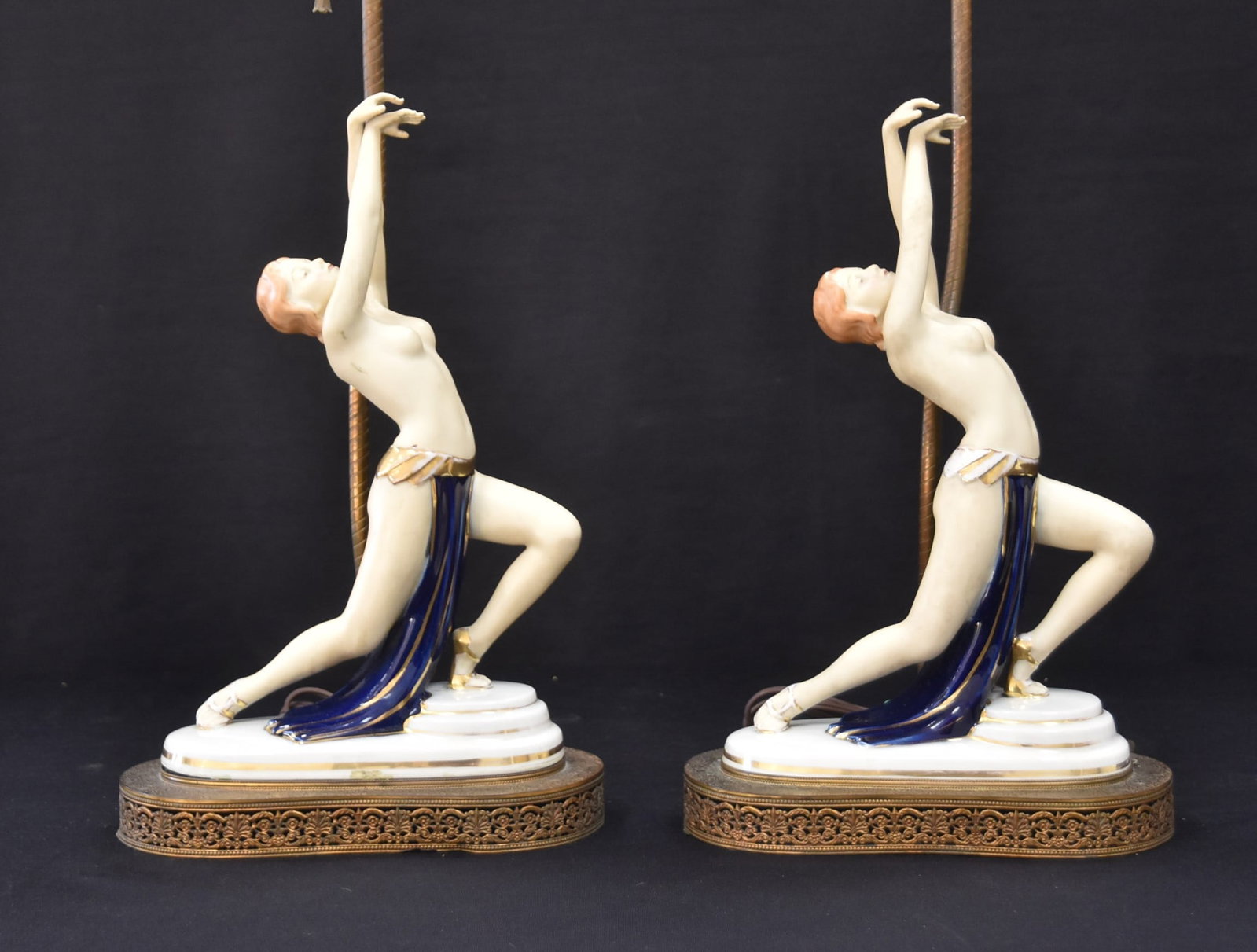 (Pr) MORIYAMA PORCELAIN DECO DANCER LAMPS: (Pr) MORIYAMA JAPANESE ART DECO FEMALE NUDE FLAPPER DANCERS ; MOUNTED AS LAMPS - FIGURES ARE 7" x 3" x 12" ' AS LAMPS 23" TALL