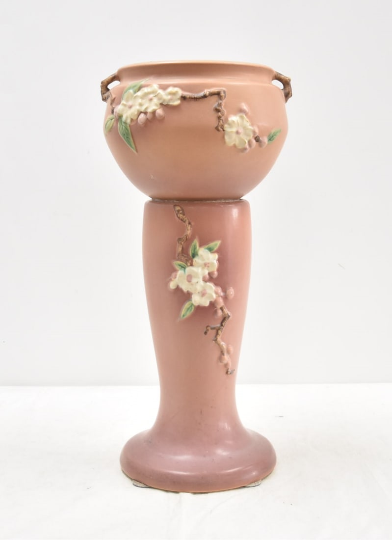 ROSEVILLE POTTERY JARDINIERE AND PEDESTAL: "Apple Blossom Pink" pattern, globular jardiniere, marked "Roseville U.S.A. 302-8," 10 in. H., 13 in. Diam., and matching pedestal marked "Roseville U.S.A. 305-8" PED,"; 12" x 25" TALL