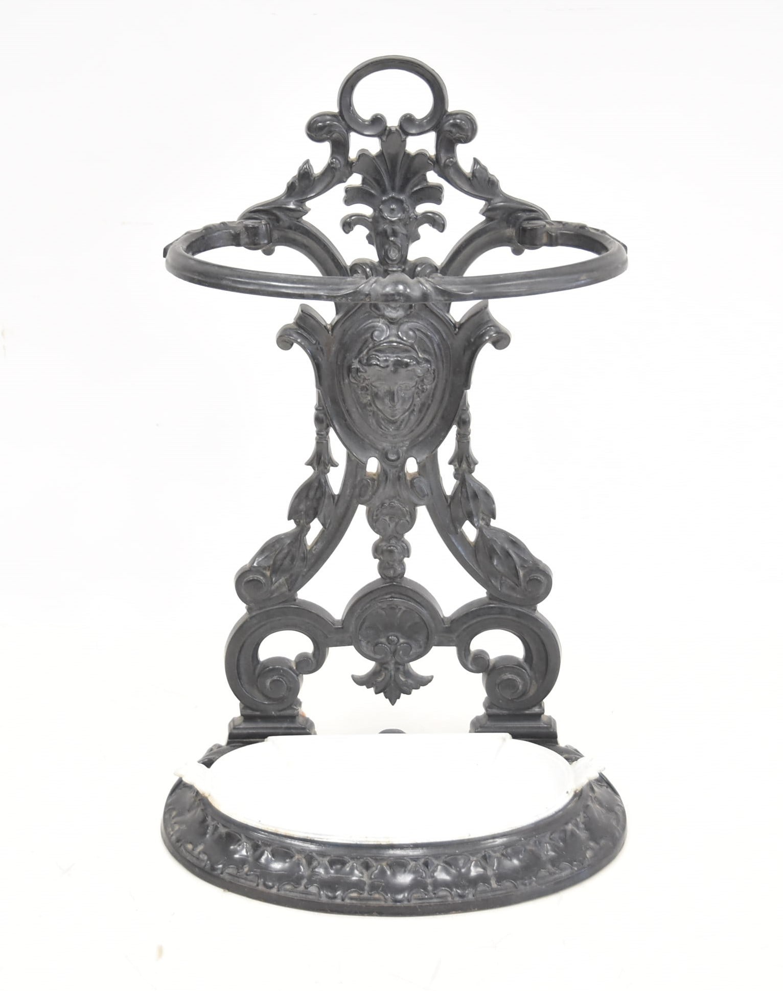 ANTIQUE CAST IRON UMBRELLA STAND WITH MASKS: ANTIQUE CAST IRON # 2 UMBRELLA STAND WITH MEDUSA MASK - 16" x 10" x 25"