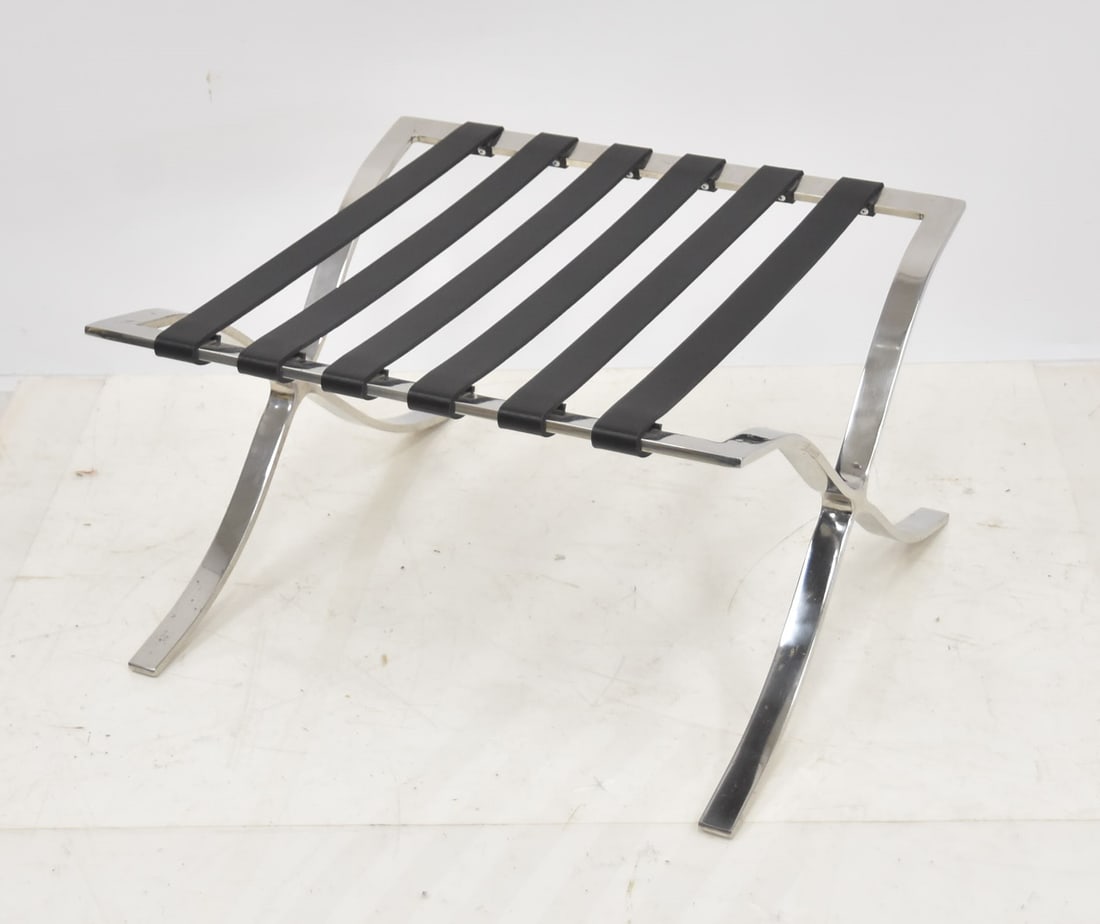BARCELONA MCM CHROME & LEATHER OTTOMAN: BARCELONA STYLE CHROME OTTOMAN WITH LEATHER STRAPS 23" x 21" x 13 1/2"