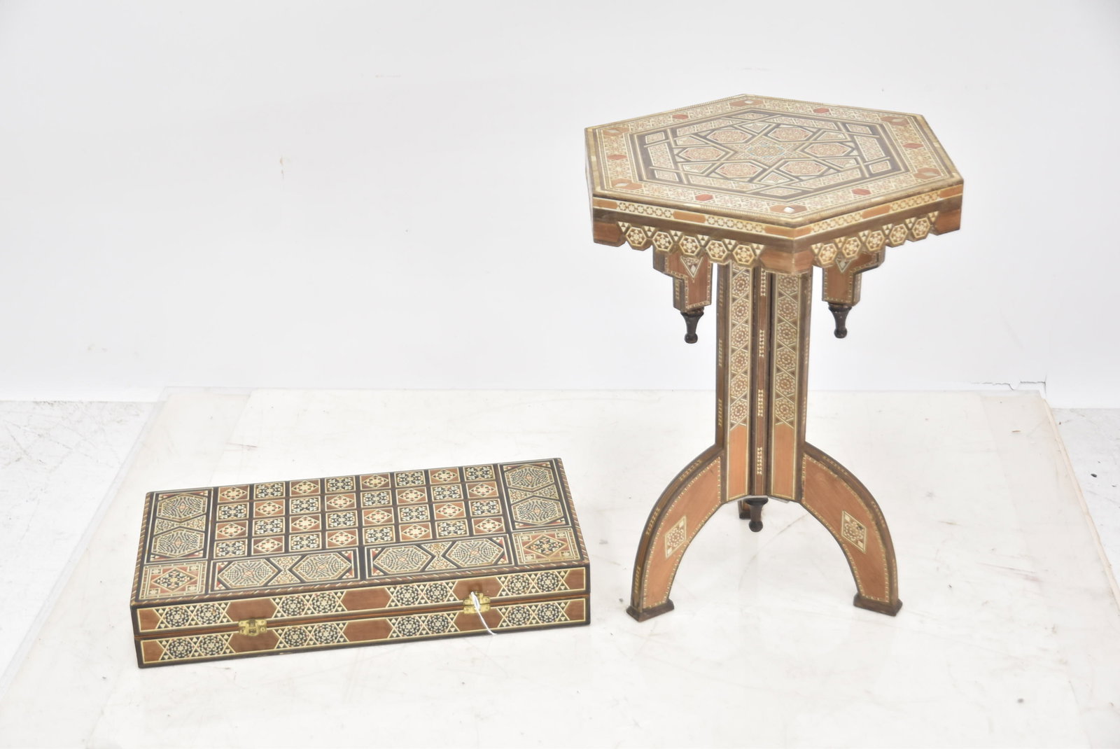 SYRIAN - MOROCCAN INLAID GAME BOARD & TABLE: SYRIAN - MOROCCAN HEXAGONAL BONE INLAID PEDESTAL TABLE - 14 1/2" x 20 1/2" / SYRIAN - MOROCCAN INLAID BACKGAMMON /CHECKER BOARD WITH PIECES - 10" x 19 3/4" x 3 1/4" CLOSED
