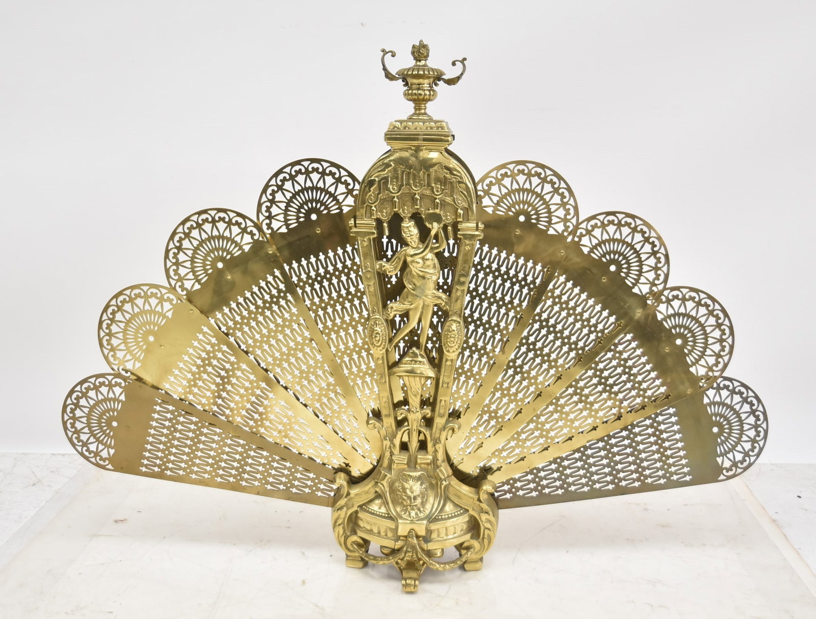 BRONZE PEACOCK FIREPLACE SCREEN: BRONZE PEACOCK FIREPLACE SCREEN WITH WOMAN HOLDING TAMBOURINE ON BOTH SIDES ; 41" x 9" x 30" OPEN