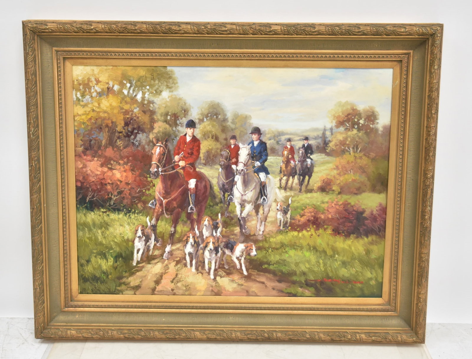 CONTEMPORARY OIL ON CANVAS FOXHUNT SCENE: CONTEMPORARY OIL ON CANVAS FOXHUNT , SIGNED ILLEGIBLY - 40" x 30" ; 50" x 40" FRAMED OVERALL