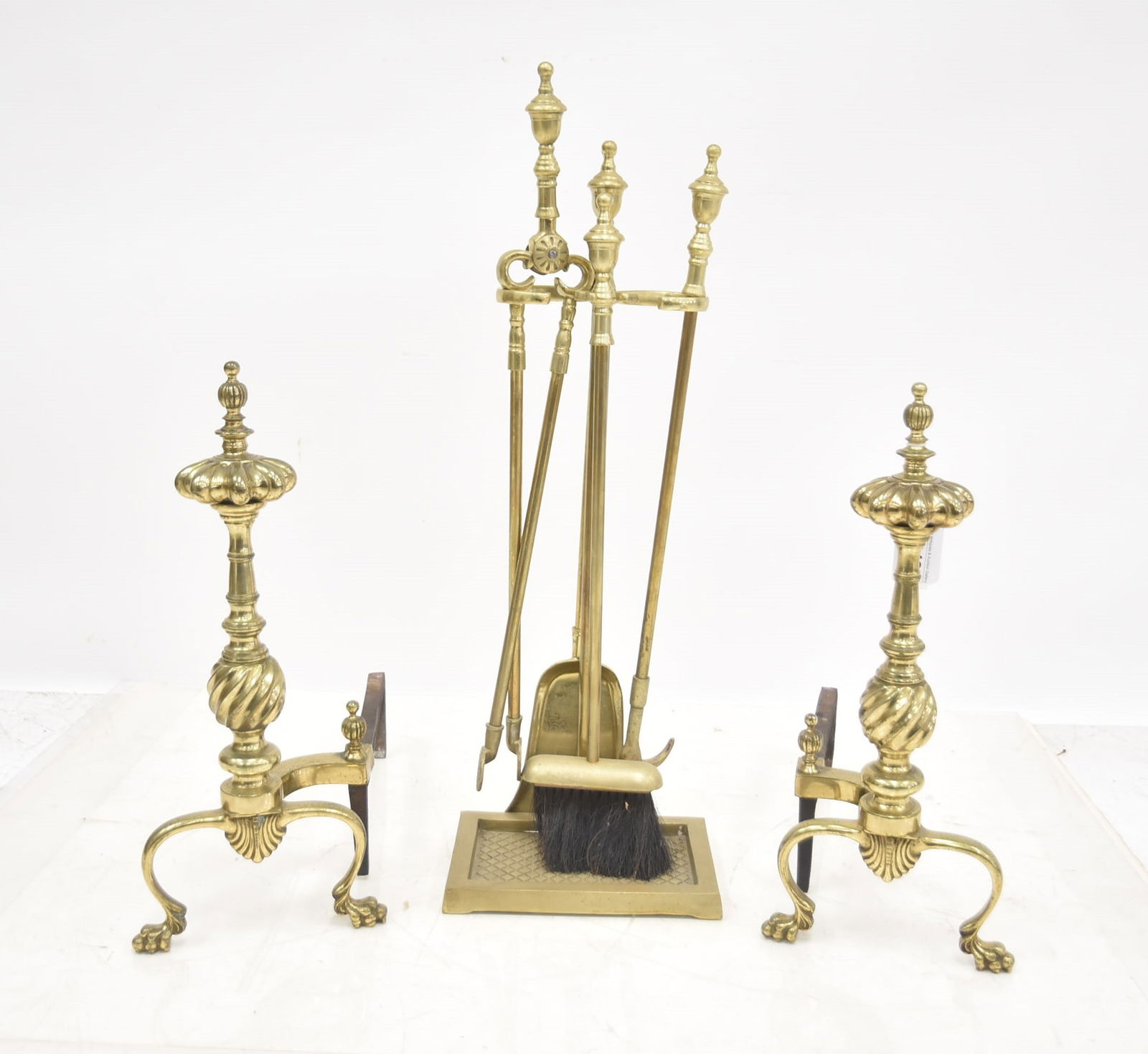 ANTIQUE BRASS FIREPLACE TOOLS & ANDIRONS: 12" x 8" x 22 1/2"