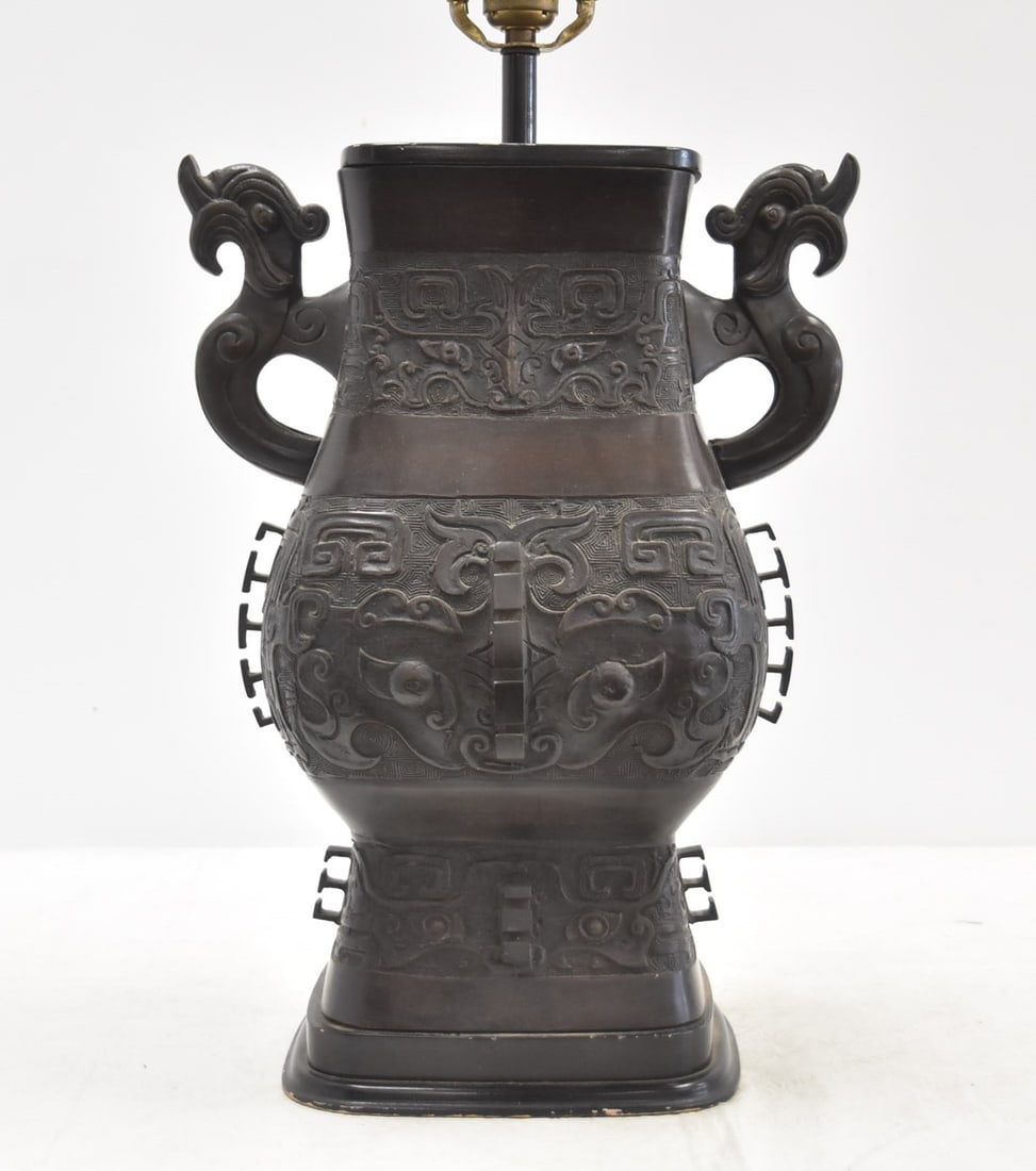 CHINESE BRONZE URN FORM LAMP: CHINESE BRONZE URN FORM LAMP - URN ALONE IS 13" x 9" x 15 1/2"