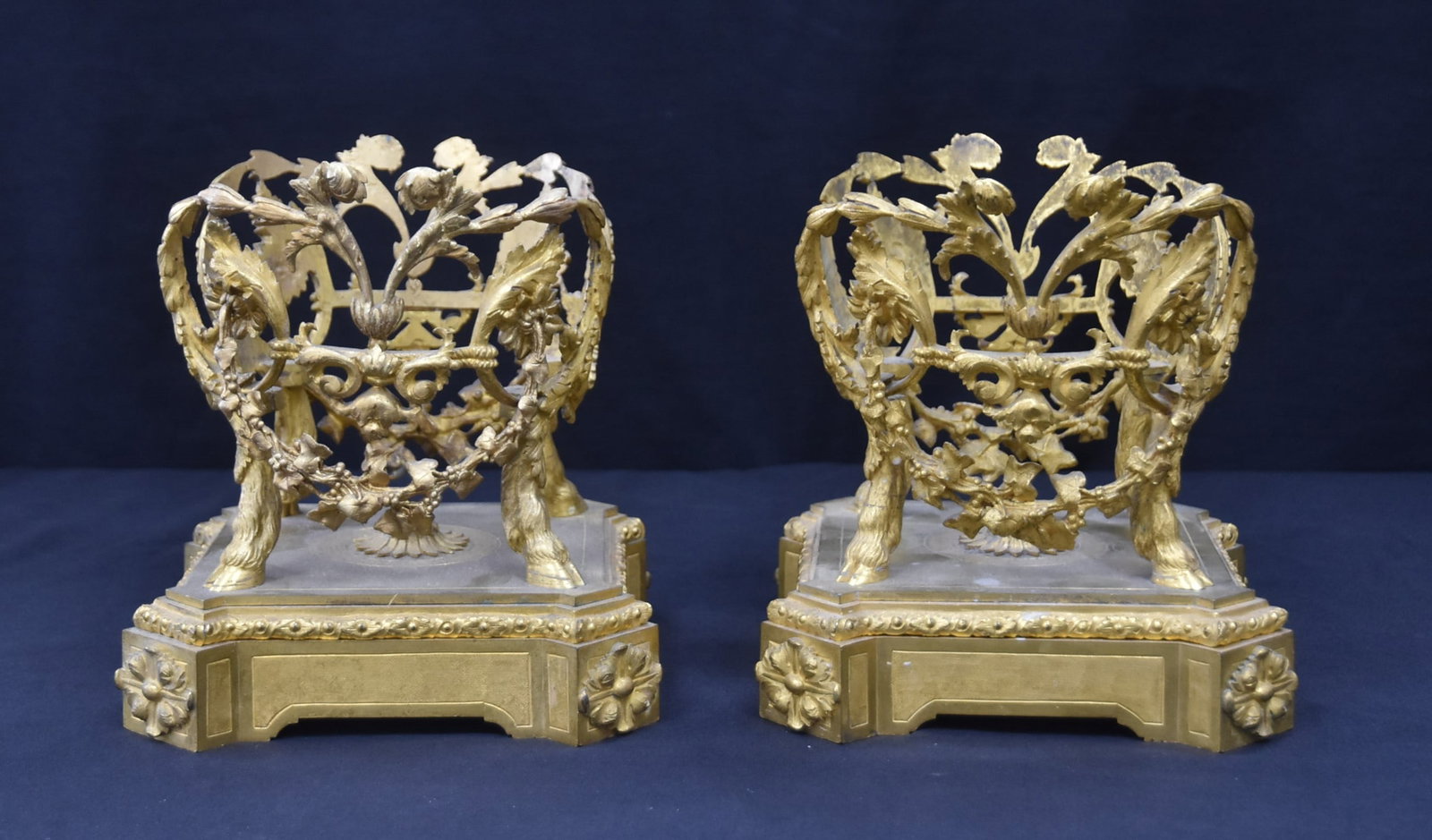 (Pr) 19thC GILDED BRONZE CENTERPIECE BASES: (Pr) 19thC FRENCH GILDED BRONZE EPERGNE BOWL BASE WITH PIERCED SCROLLS & FLOWER GARLANDS - 7 1/2" x 7 1/2" x 7 1/2"