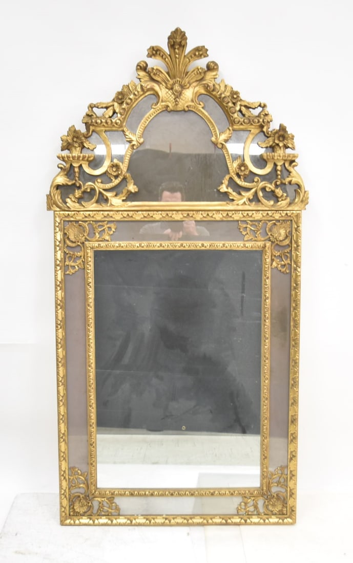 ANTIQUE LXV STYLE ITALIAN GILTWOOD MIRROR: ANTIQUE LXV STYLE ITALIAN GILTWOOD MIRROR WITH SHELLS , FLOWERS & SCROLLS ; MARKED MADE IN ITALY - 31 1/2" x 60 1/2"