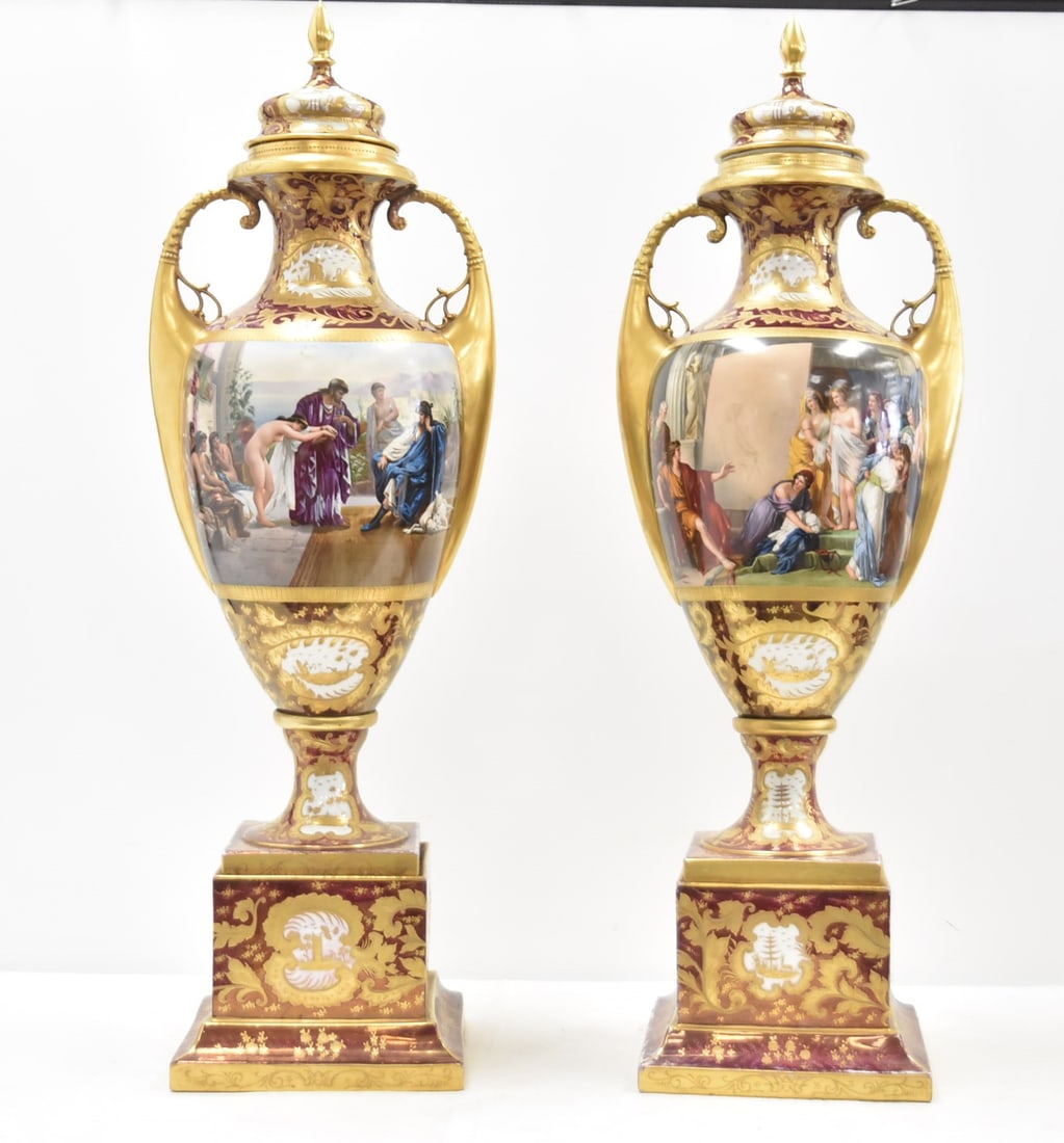 (Pr) PALATIAL VIENNA PORCELAIN COVERED URNS: (Pr) PALATIAL VIENNA PORCELAIN COVERED VASES WITH LARGE HAND PAINTED FIGURAL SCENES DEPICTING ROMAN SLAVE TRADER SCENE & ROMAN ART SELLER SCENE ; AFTER PAINTINGS BY JEAN LEON GEROME , ARTIST SIGNED FE
