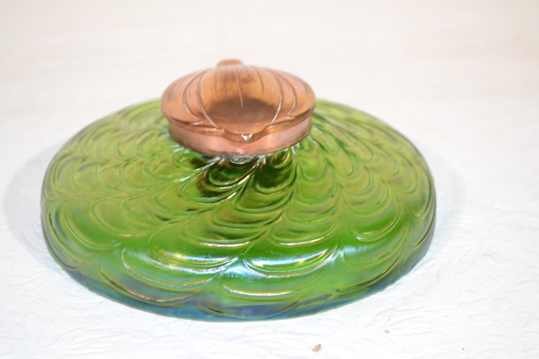 NOUVEAU STYLE ART GLASS INKWELL WITH INSERT -: ATTRIBUTED TO LOETZ - MARKED D.G.M.A - K.K DEST PAT.A UNDER LID