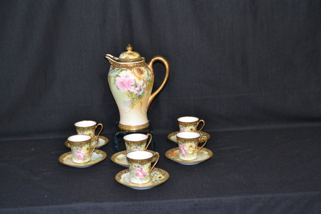 (13)pc HAND PAINTED NIPPON CHOCOLATE SET WITH: ROSES - POT IS 10" TALL