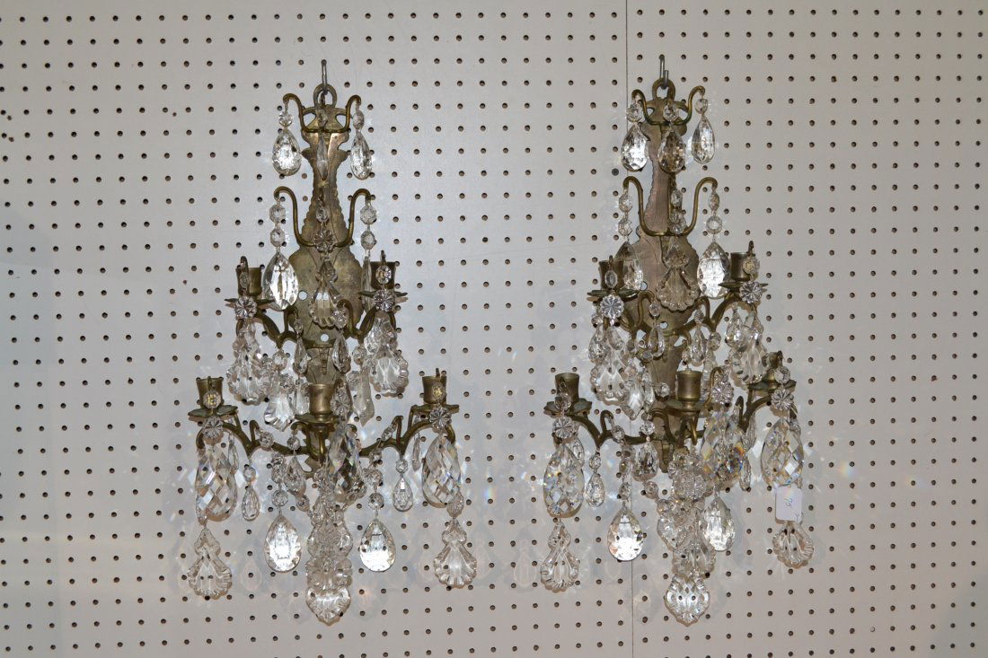 (Pr) BRONZE & CRYSTAL 5-CANDLE SCONCES - 11" x 18": (Pr) BRONZE & CRYSTAL 5-CANDLE SCONCES - 11" x 18"