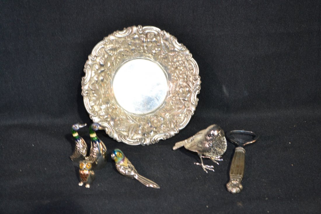 STERLING SILVER JACOB JENNING EMBOSSED BOWL: (3) STERLING ENAMEL DUCKS , STERLING HANDLE OPENER & CRISTOFLE - FRANCE SILVER PLATE BIRD