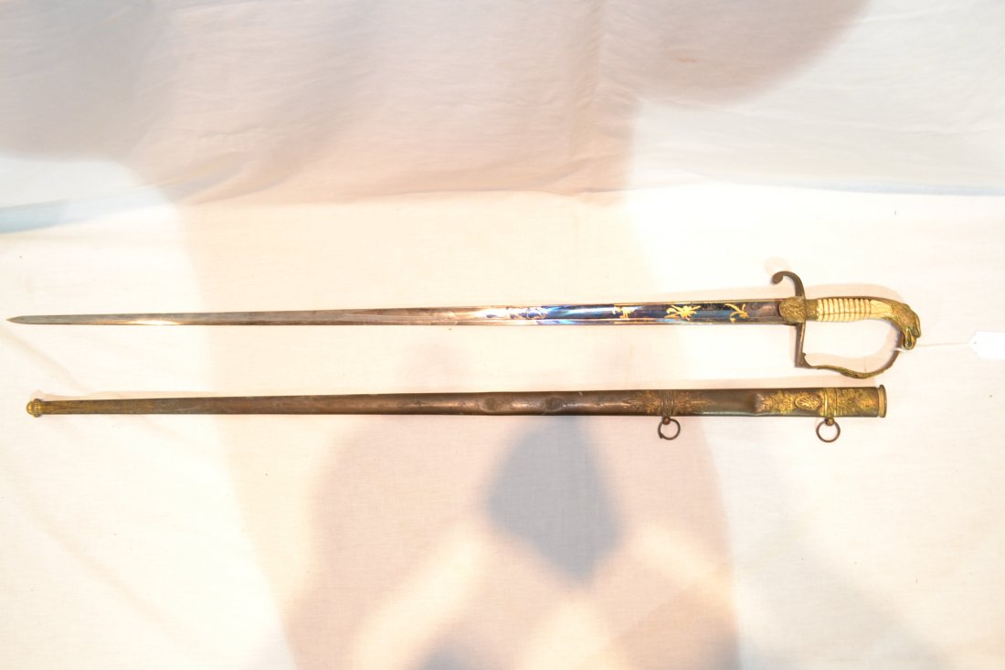 SWORD & SHEATH WITH BONE HANDLE & EAGLE FINIAL: SWORD & SHEATH WITH BONE HANDLE & EAGLE FINIAL