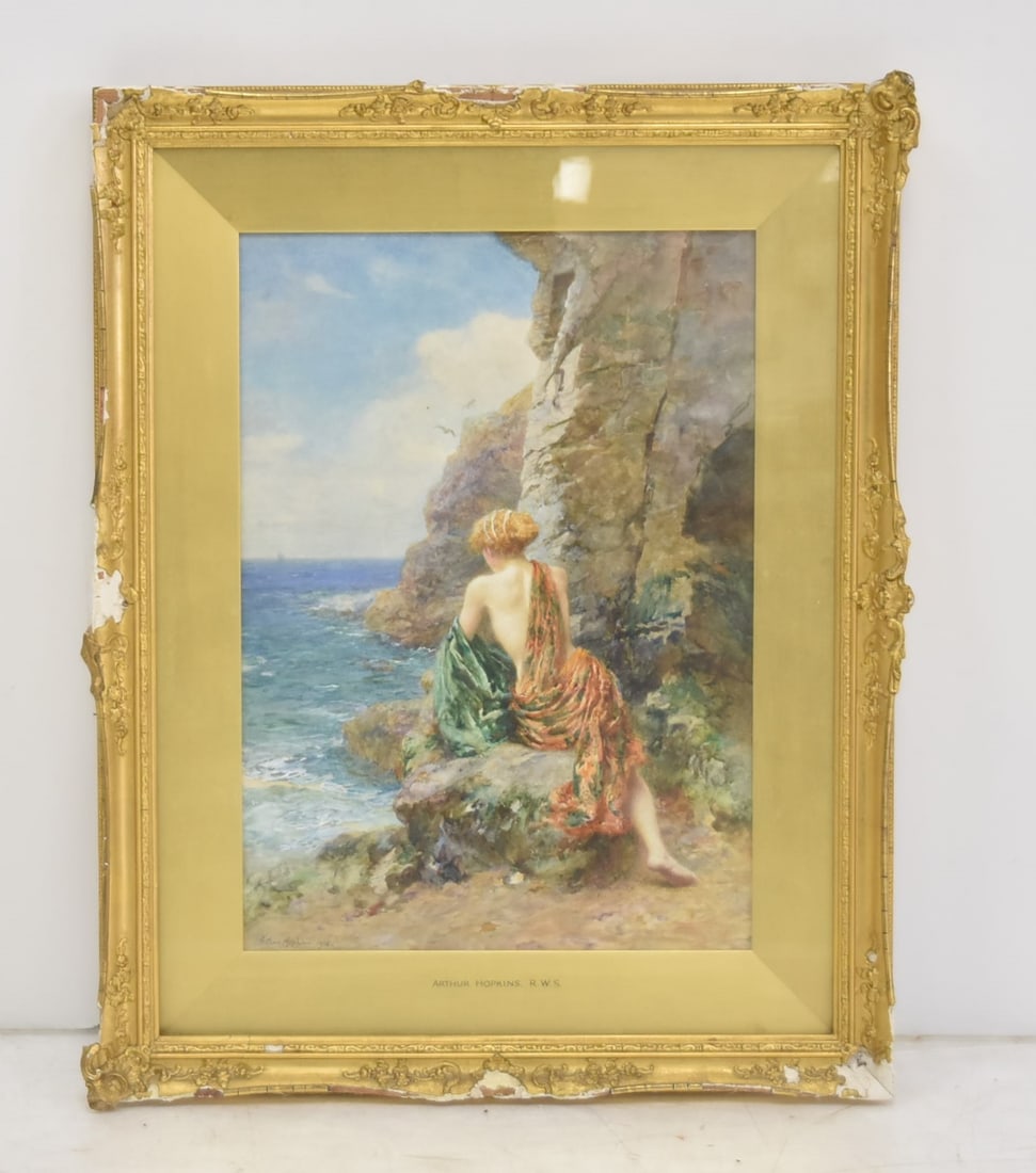 ARTHUR HOPKINS , WATERCOLOR OF LADY BY SHORE (1 of 14)