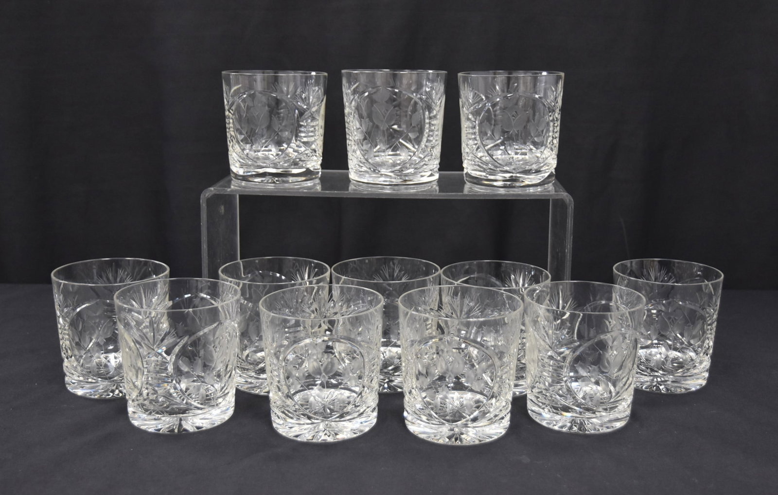 (12) GLENCAIRN ETCHED CRYSTAL WHISKEY TUMBLERS: (12) GLENCAIRN "BOTHWELL" PATTERN CUT CRYSTAL OLD FASHIONED ROCKS GLASS WHISKY TUMBLERS WITH ETCHED GLASS FLOWER OF SCOTLAND - 3 1/2" x 3 1/2" (ONE HAS FLEABITE)