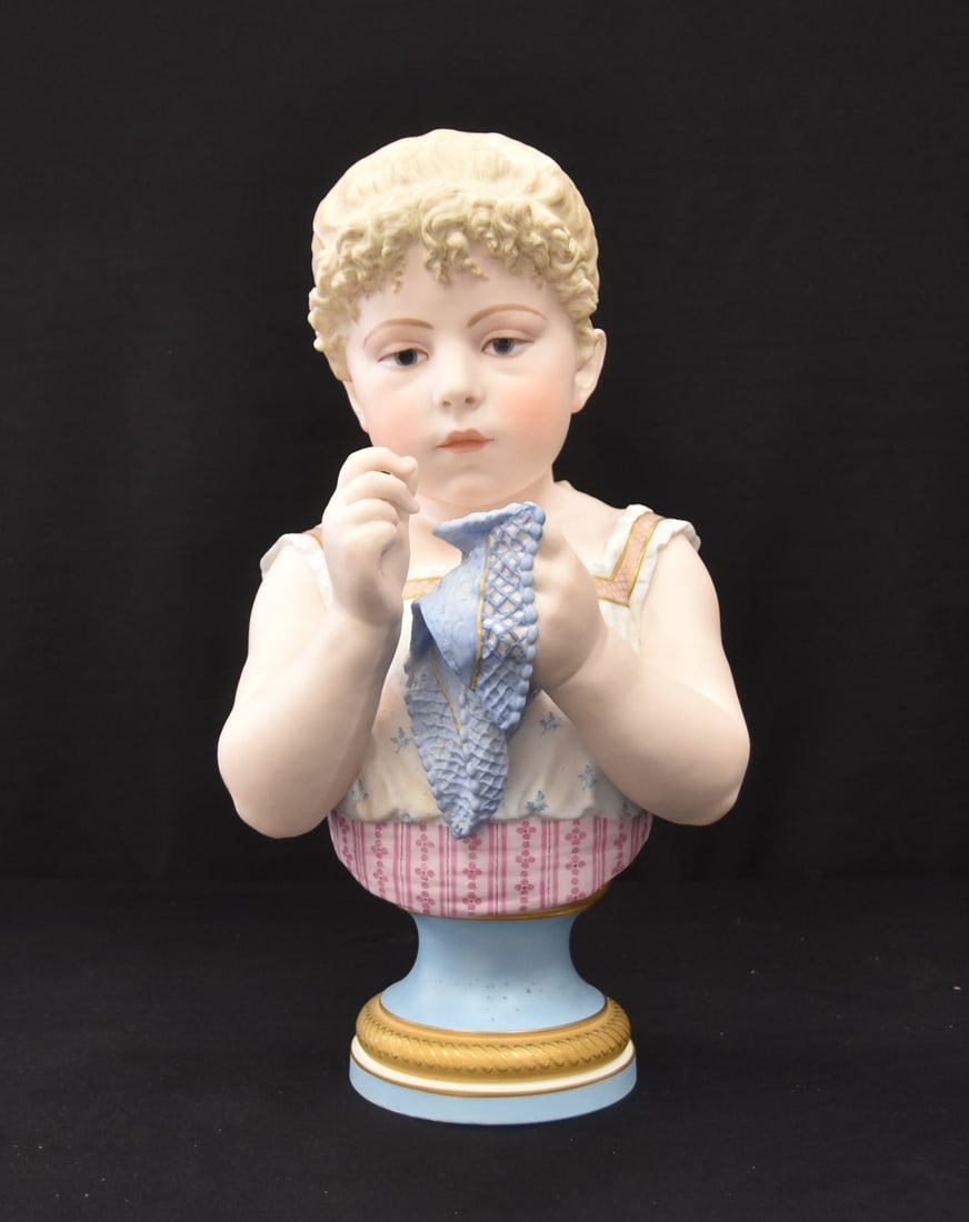ANTIQUE FRENCH PAINTED BISQUE BUST OF YOUNG GIRL: AFTER PAUL DUBOY , FRENCH PAINTED BISQUE BUST OF YOUNG GIRL WITH HANDKERCHEIF - 9" x 9 1/2" x 18"