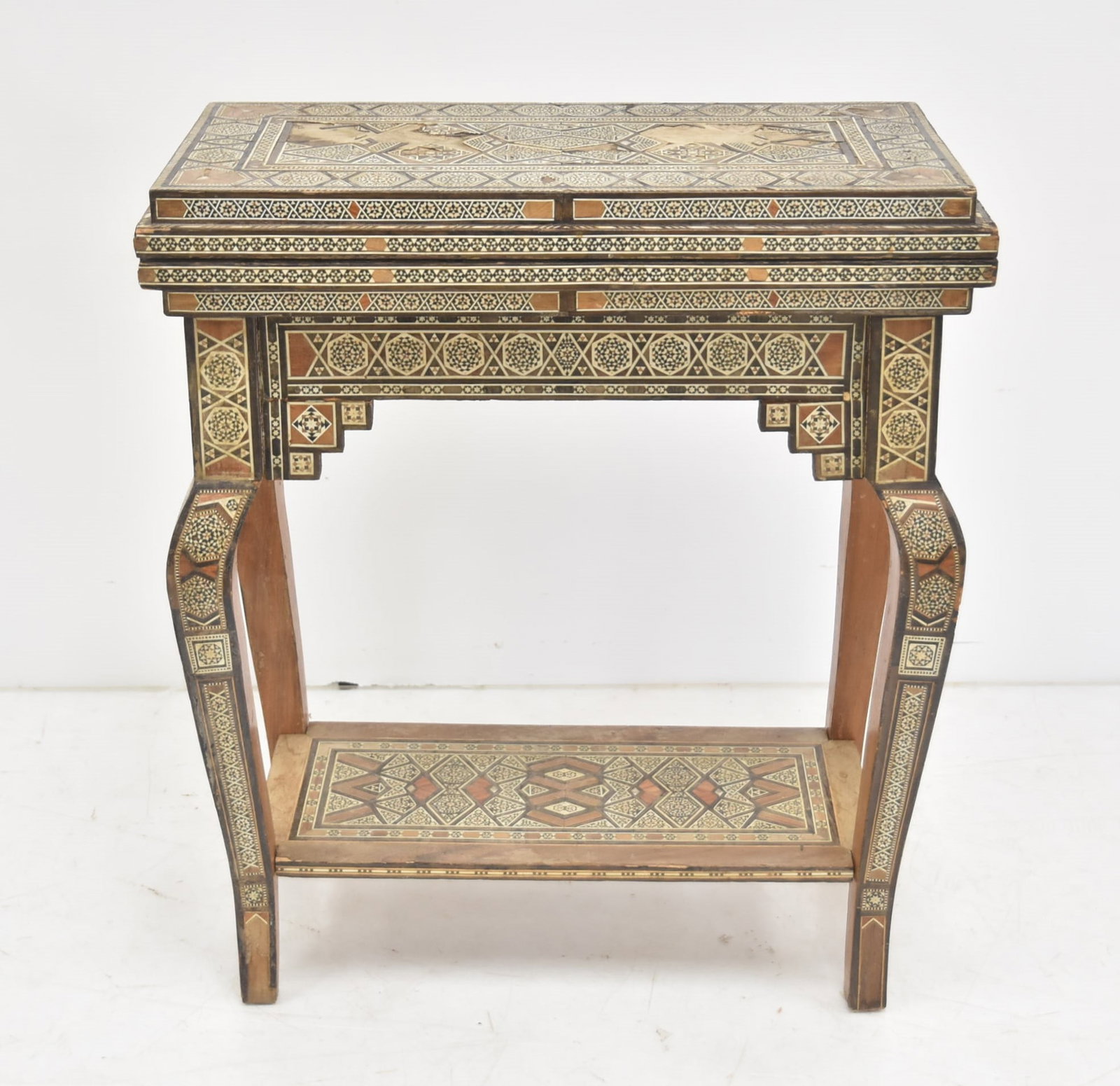 ANTIQUE SYRIAN MULTI GAME TABLE: ANTIQUE SYRIAN MULTI MOTHER OF PEARL & BONE INLAID GAME TABLE WITH SHELF - 12 1/2" x 24 1/2" x 26" (SOME OVERALL INLAY LOSS)