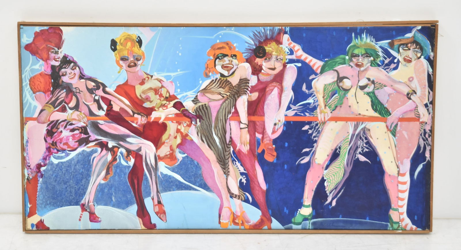 GIOVANNI ANSELMO , ACRYLIC ON PAPER OF (7) LADIES: attributed to GIOVANNI ANSELMO (ITALY, 1934 - 2023) ACRYLIC PAINTING ON PAPER MOUNTED TO BURLAP PAINTING OF (7) SCANTILLY DRESSED LADIES , SIGNED LOWER RIGHT , G. ANSELMO , 1980 - 20 3/4" x 40 1/2" OV