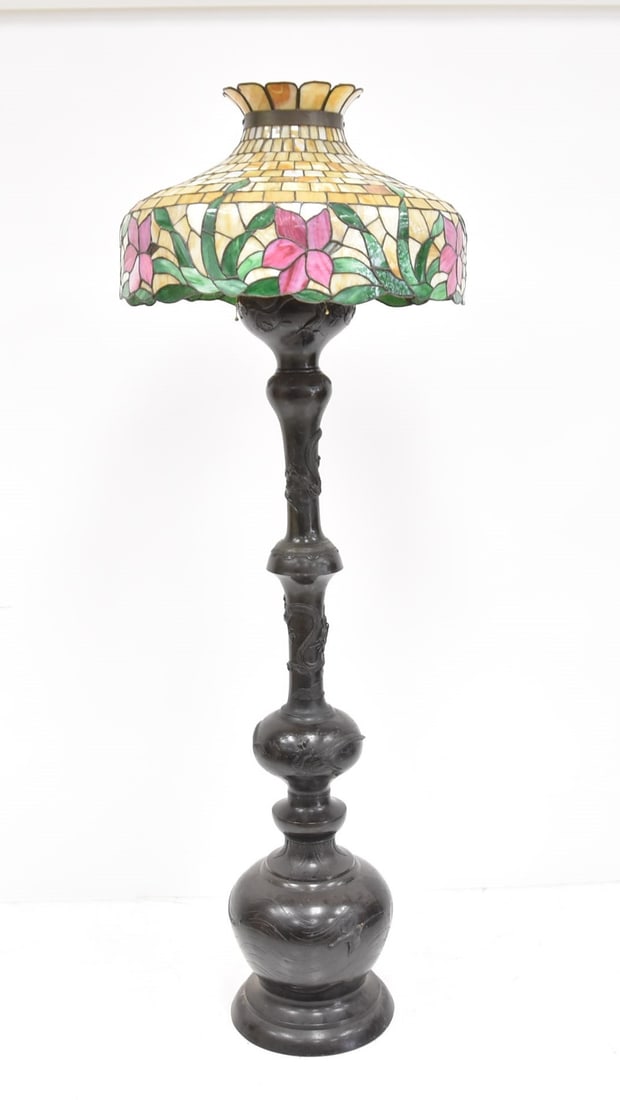 LARGE JAPANESE BRONZE & LEADED GLASS FLOOR LAMP (1 of 14)
