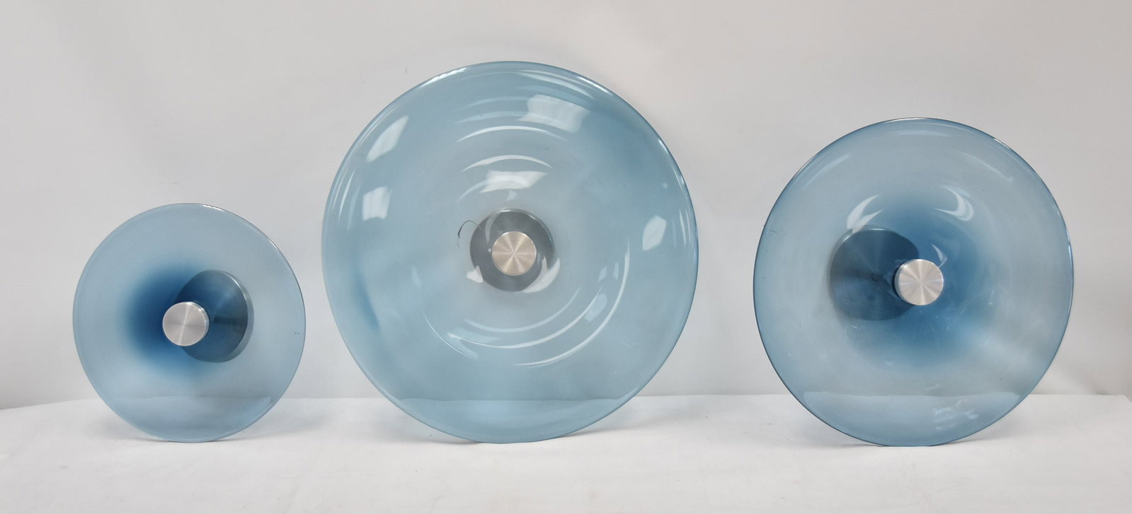 (3) BLUE JGOODE DESIGN LILY PAD SCONCES: (3) LIGHT BLUE GLASS LILY PAD PENDANT LIGHT FIXTURE SCONCES , BY JGOODE DESIGNS - (3) DIFFERENT SIZES - 20 1/2" / 17" / 13"