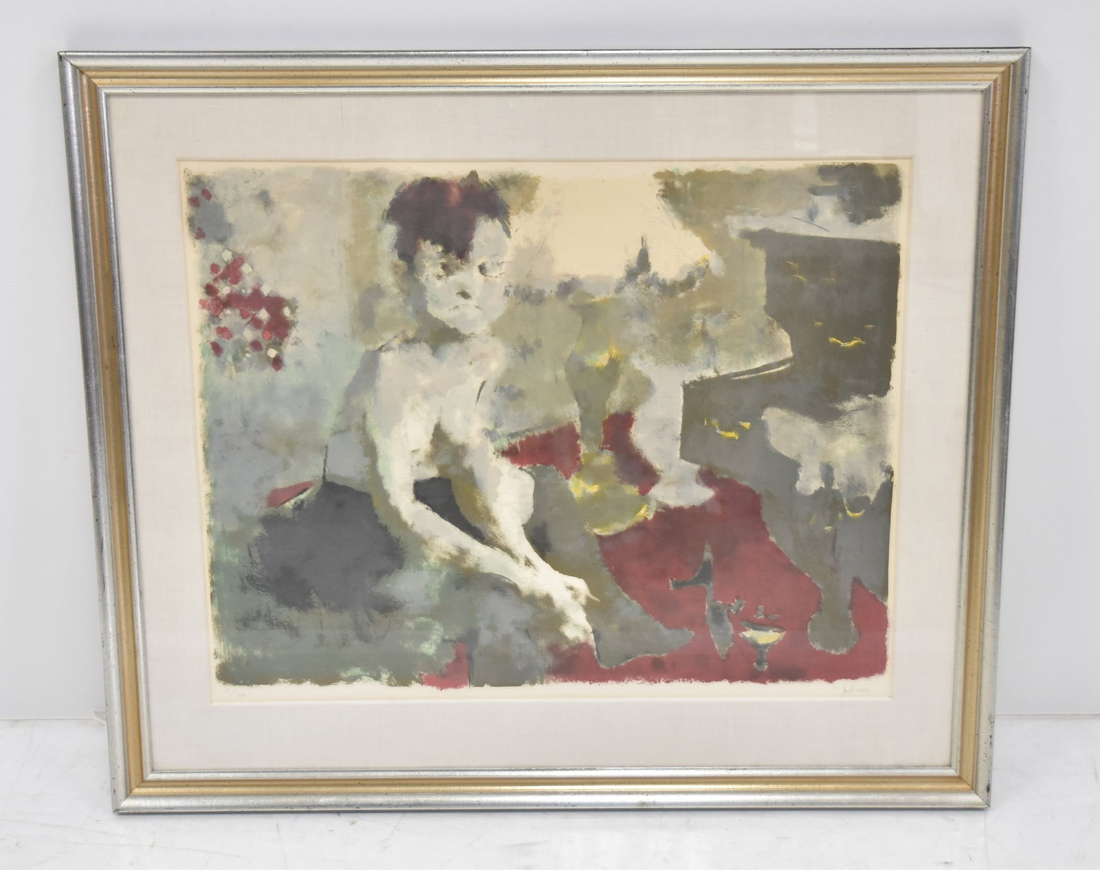 JACK LEVINE , "BLUE ANGEL" LITHOGRAPH: JACK LEVINE (AMERICAN, 1915-2010) ABSTRACT LIHTOGRAPH OF SEATED BOY , SIGNED J. LEVINE , NUMBERED 119/120 - 26" x 20" ; 33 1/2" x 28 1/2" FRAMED