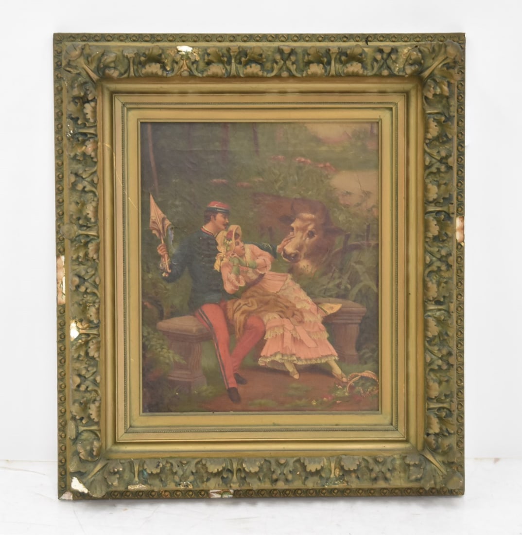 19thC OIL ON CANVAS COURTING SCENE: 19thC OIL ON CANVAS COURTING SCENE WITH SOLDIER COURTING LADY WITH COW , SIGNED JERES ? , LOWER LEFT , SET IN ANTIQUE GILTWOOD JOHN WANNAMAKER FRAME - 14" x 17" ; 23" x 26 1/2" OVERALL FRAMED (SMALL T
