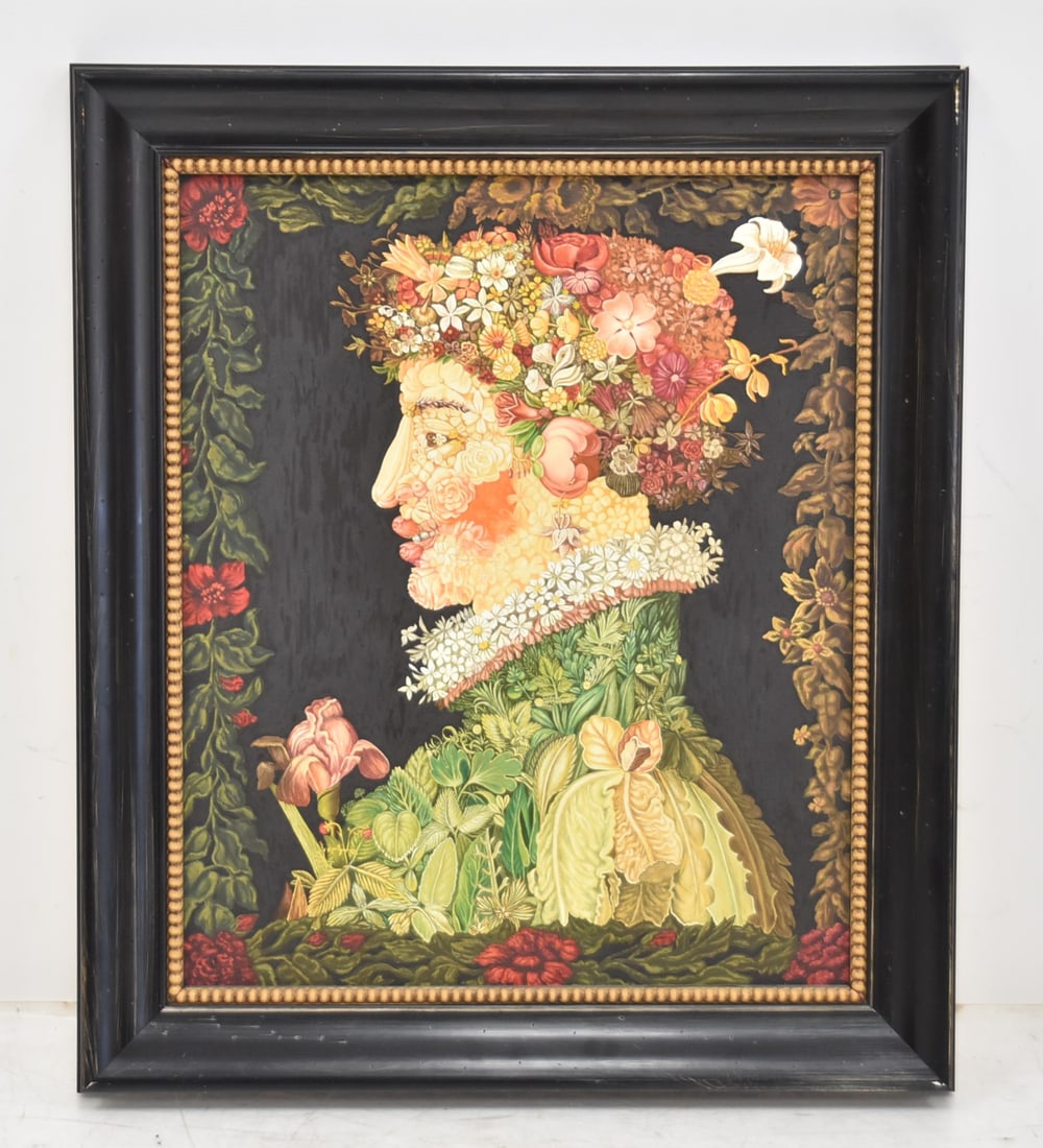 AFTER GIUSEPPE ARCIMBOLDO , OIL ON CANVAS PORTRAIT: AFTER GIUSEPPE ARCIMBOLDO , OIL ON CANVAS IMAGINATIVE PORTRAIT OF LADY USING FLOWERS , FRUITS & VEGETABLES , SURROUNDED BY FLOWERY BORDER ; MARKED INVERSO - 21" x 25" ; 27" x 31" OVERALL