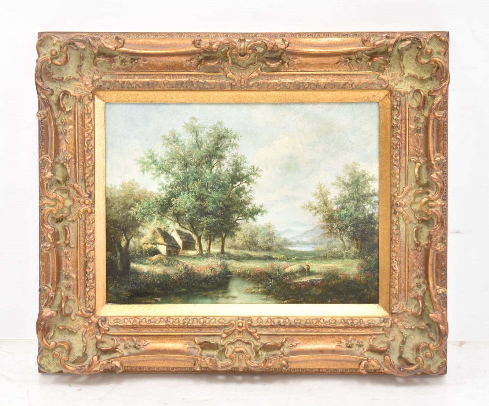 MODERN OIL ON CANVAS COTTAGE LANDSCAPE: OIL ON CANVAS COTTAGE LANDSCAPE - 23" x 19" OVERALL