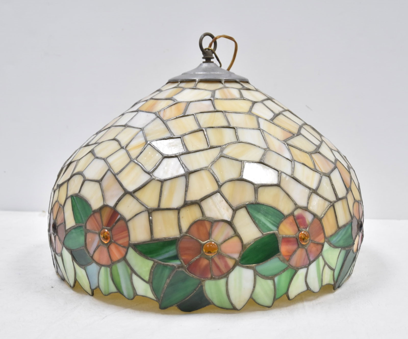 ANTIQUE LEADED GLASS FIXTURE WITH JEWELS: ANTIQUE LEADED GLASS FIXTURE WITH FLOWERS & JEWELS - 19" x 14 1/2" OVERALL