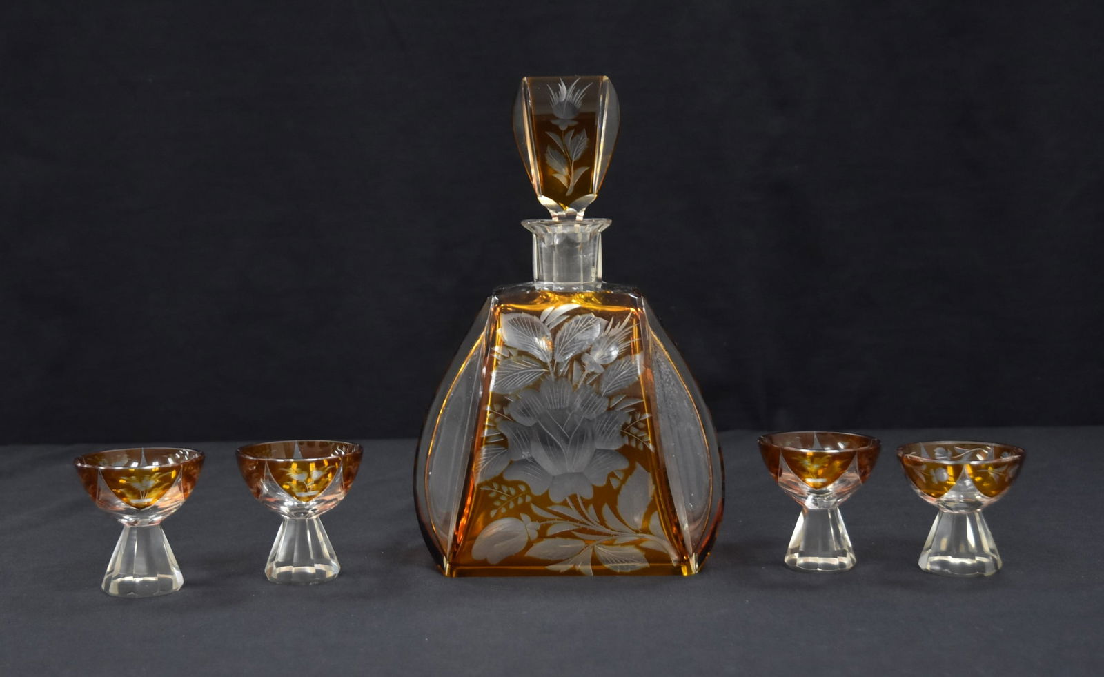 ETCHED AMBER CRYSTAL CORDIAL SET (1 of 13)