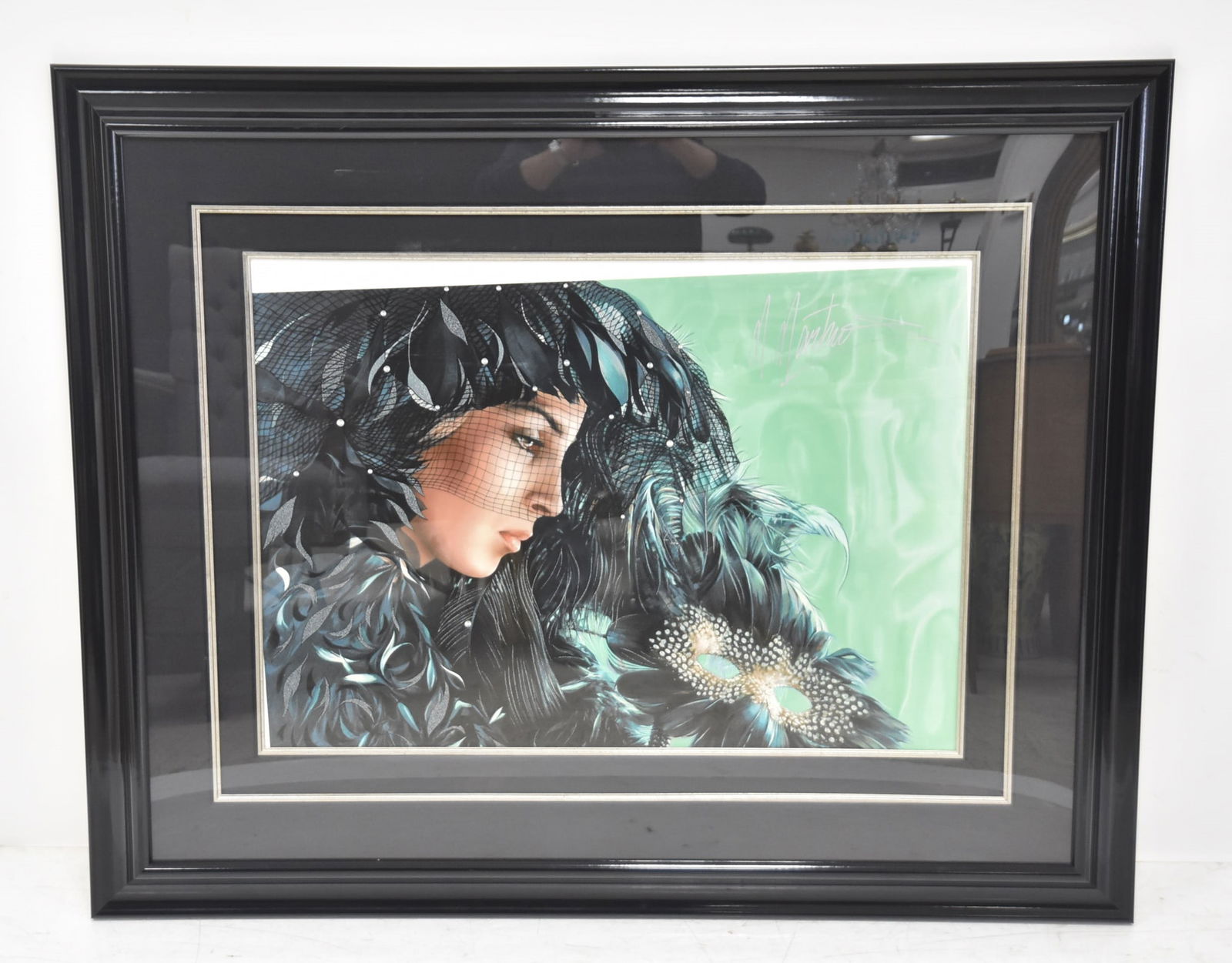 MARTIROS MANOUKIAN, SERIGRAPH OF WOMAN: MARTIROS MANOUKIAN (ARMENIAN / AMERICAN , b. 1947) SERIGRAPH OF MASQUERADE WOMAN WITH FLOWERY HEADDRESS & VENETIAN STYLE MASQUERADE MASK - 30" x 22" ; 47" x 38" OVERALL FRAMED (PRINT LOOSE BEHIND MATT