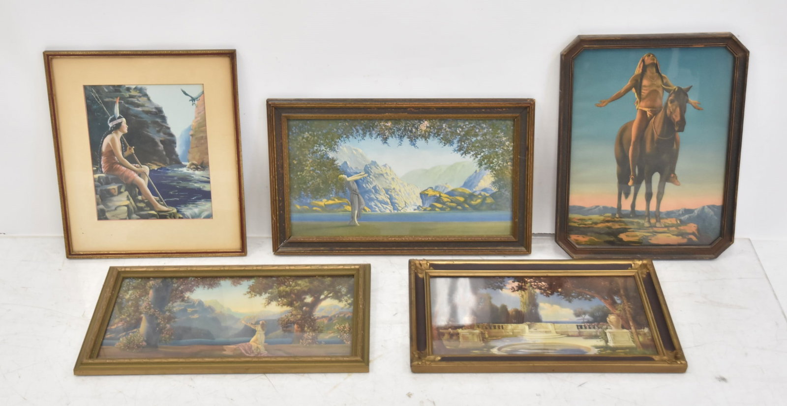 (5) 1920s ART DECO PRINTS: ROBERT WOOD "DAWN" ART DECO PRINT / ROBERT ATKINSON FOX "THE MAGIC POOL" PRINT / ROERT ATKINSON FOX "FOX DAWN" ART DECO PRINT /1920's "APEAL TO THE GREAT SPIRIT NATIVE AMERICAN INDIAN PRINT / 1920s EN